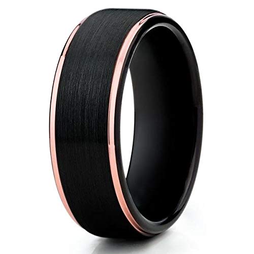 Rose Gold Tungsten Wedding Band for Men & Women - Black Tungsten Carbide Ring with 18k Rose Gold Accent - Comfort Fit Anniversary Ring for Couples - Perfect for Weddings, Engagements & Special Occasions