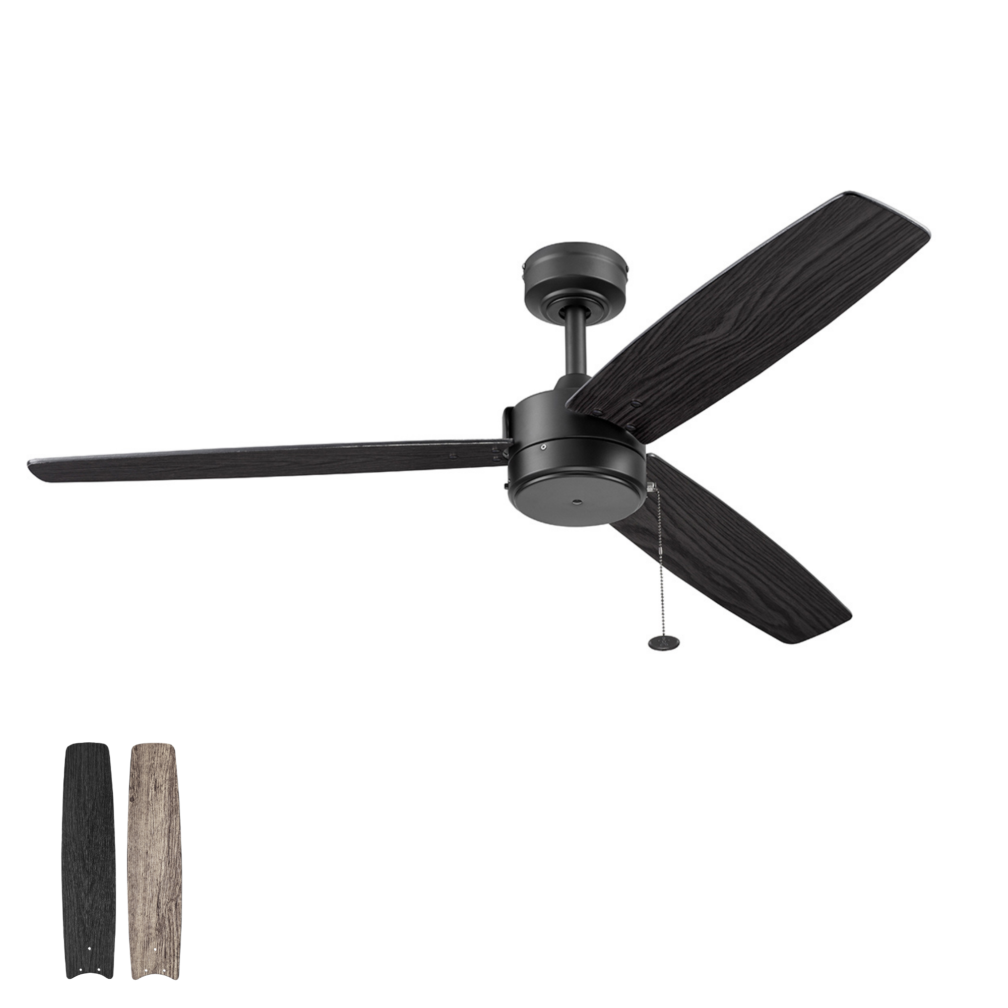 52 Inch Matte Black Ceiling Fan with Pull Chain - Indoor/Outdoor Use for Living Room, Bedroom, Patio & Covered Porch