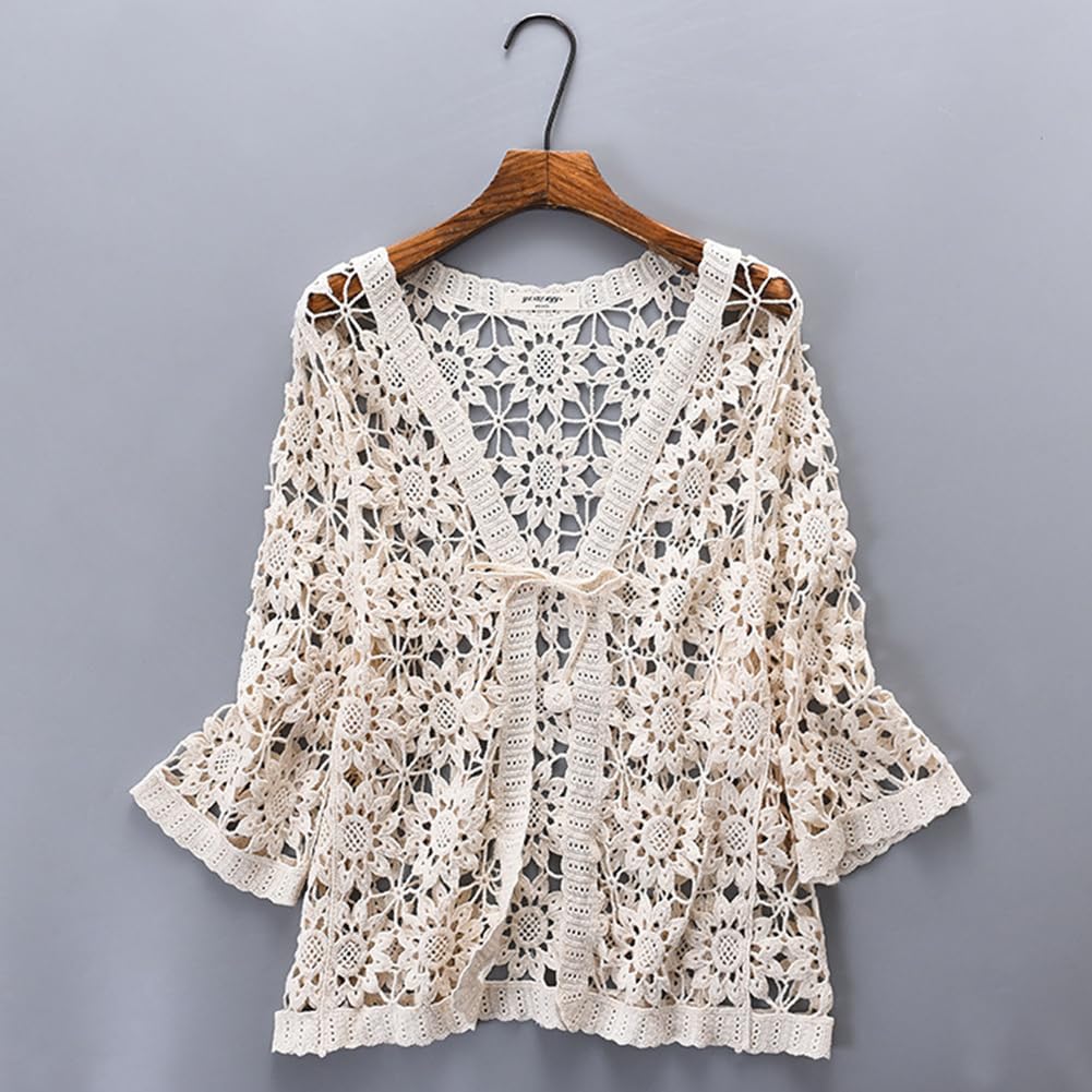 Women's Cotton Casual Floral Lace Crochet 3/4 Sleeve Cardigan - Boho Cover Up Shrug for Spring & Summer - Perfect for Beach, Vacation, and Everyday Wear