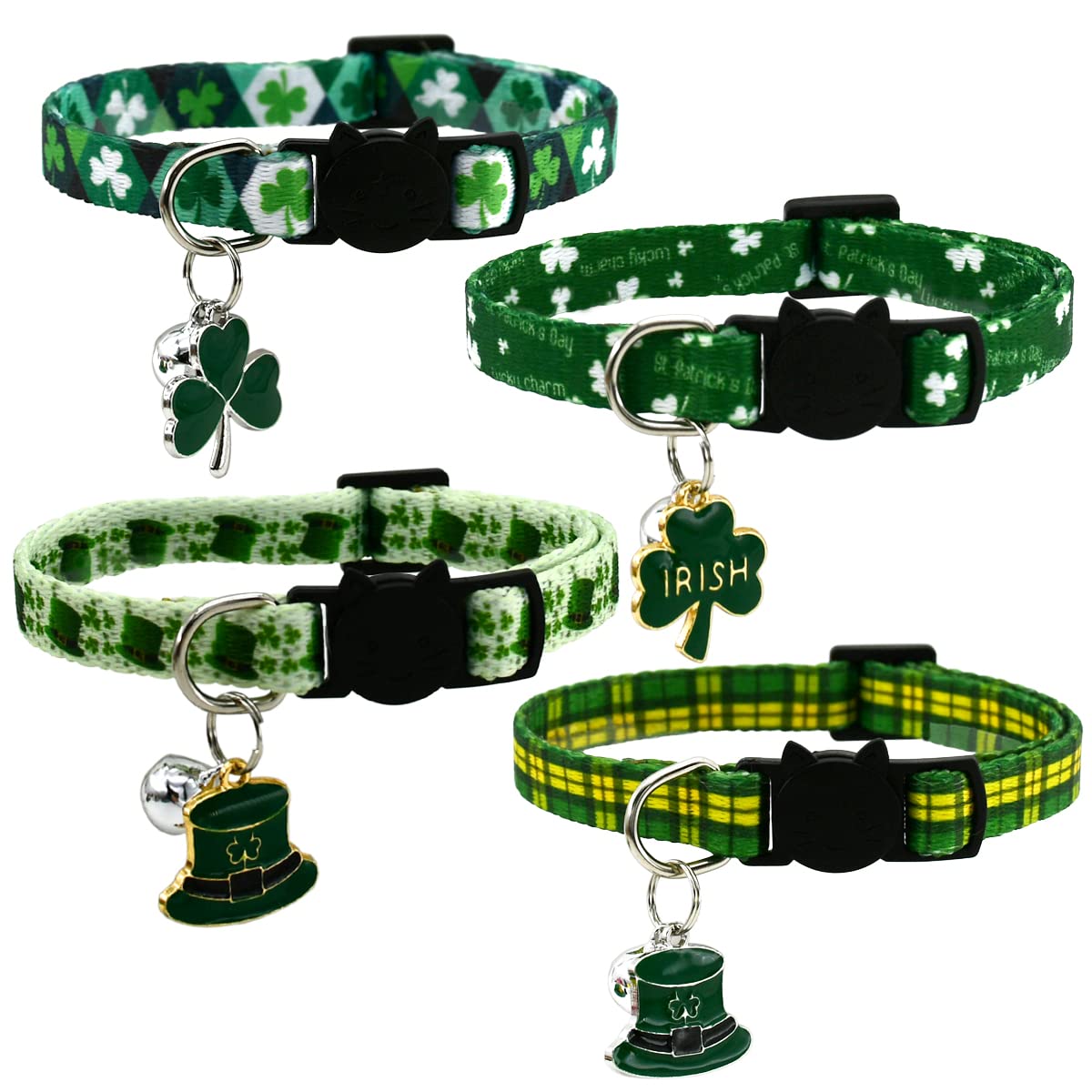 4PCS St. Patrick's Day Cat Collars with Bells - Adjustable Breakaway Shamrock Bandana Collar & Green Top Hat for Cats, Kittens & Small Dogs - Perfect for Irish-Themed Pet Parties & Holiday Photos