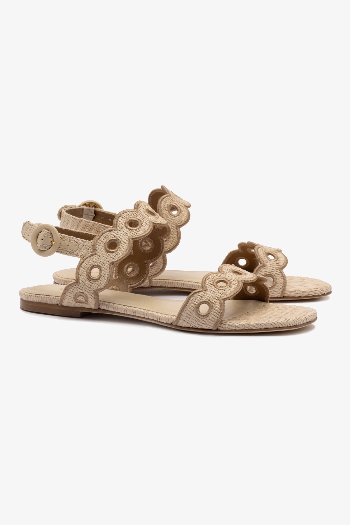 Florence Broderie Flat Sandal - Natural Raffia & Hazelnut Trimming Women's Summer Sandals | Perfect for Beach, Vacation & Casual Outings