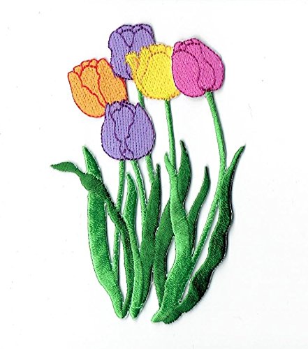 5-Pack Vibrant Embroidered Iron-On Patches - Purple, Orange, Yellow, Pink Tulip Designs for DIY Clothing, Bags & Accessories | Perfect for Denim Jackets, Backpacks & Craft Projects