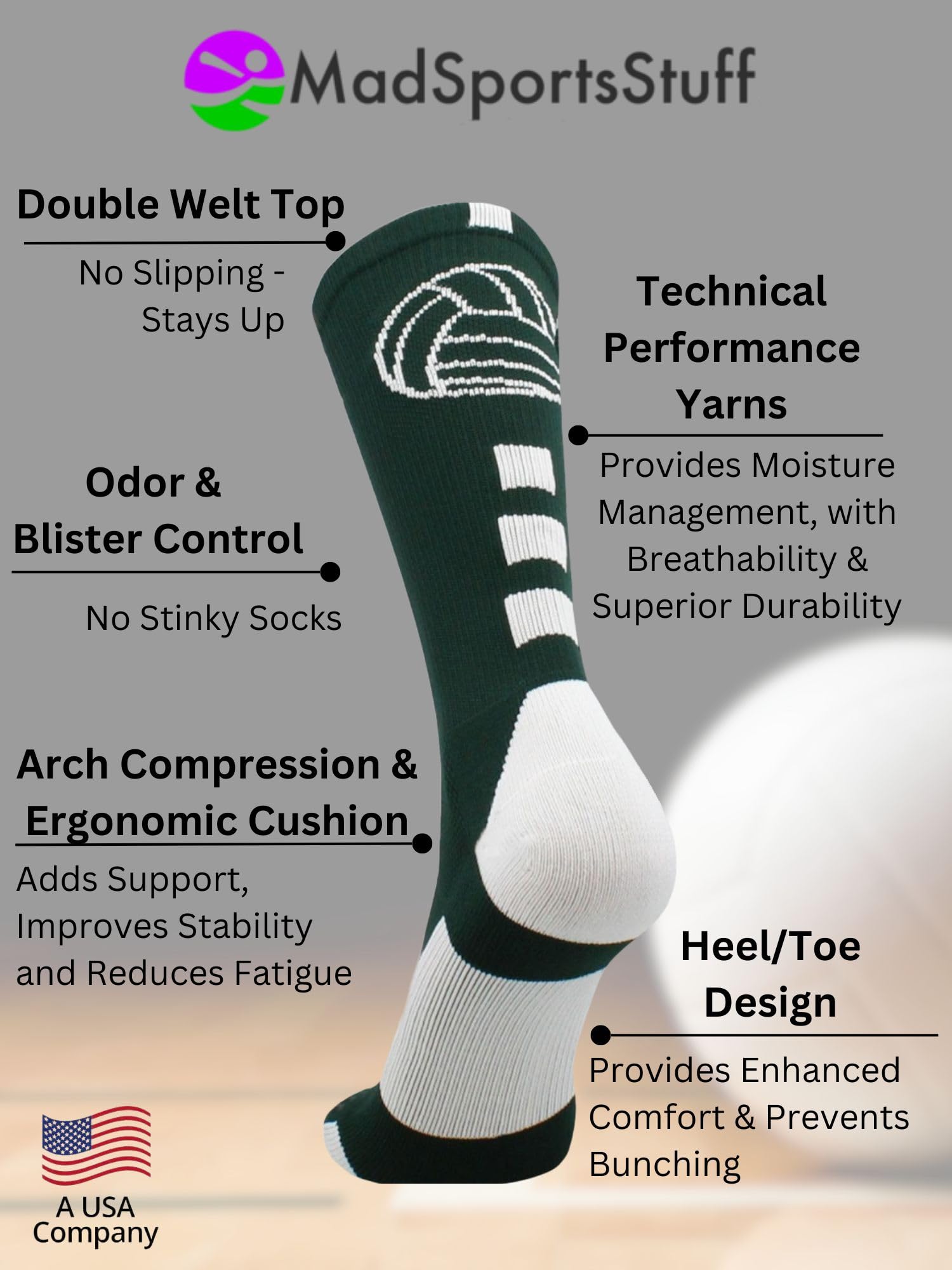 MadSportsStuff Volleyball Socks for Women, Girls & Teens - Crew Length Athletic Socks for Volleyball Players | Perfect Volleyball Accessories & Gifts for Training, Games & Team Sports