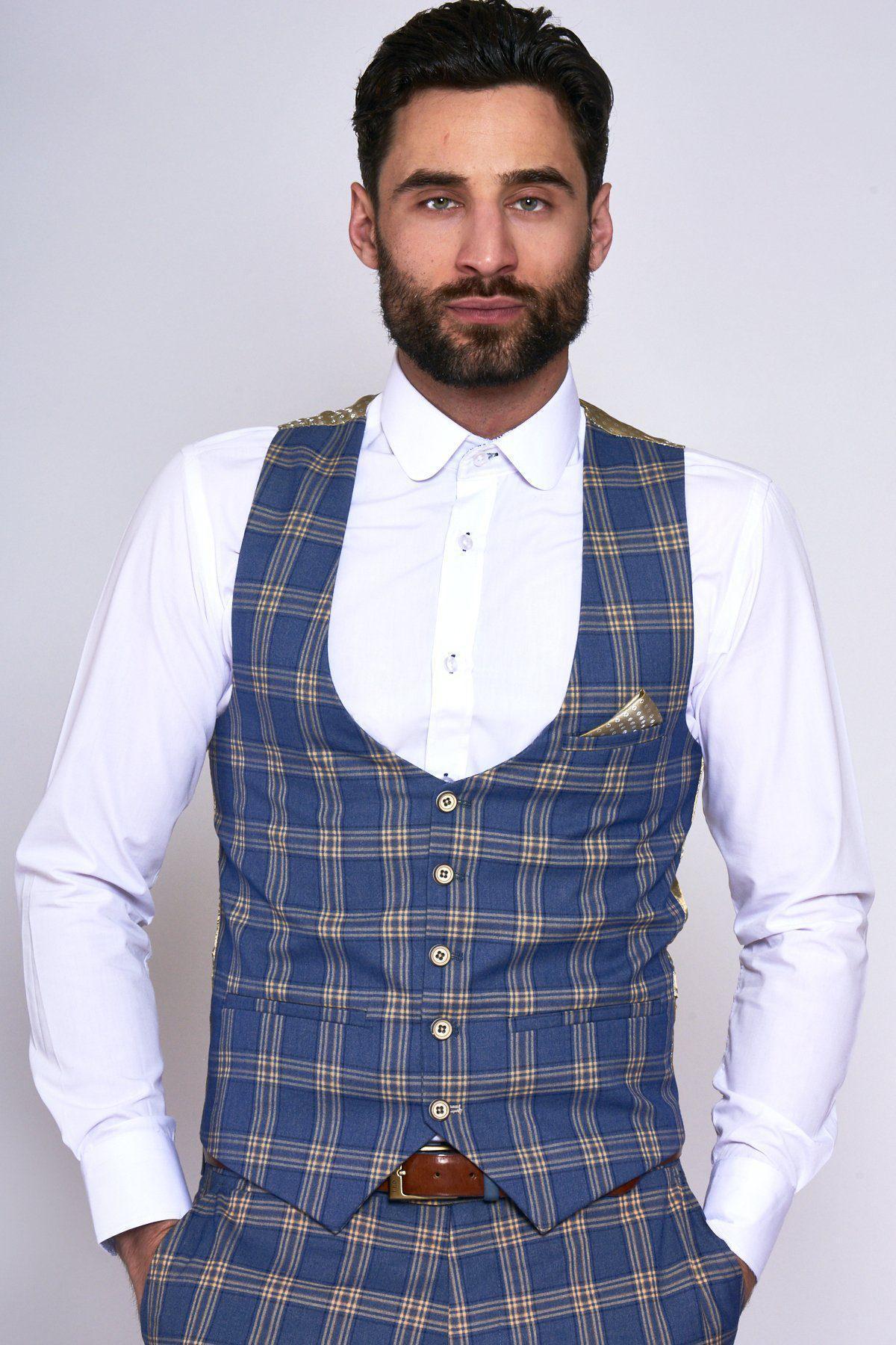 TONY Men's Blue & Yellow Checkered Single Breasted Waistcoat Vest - Formal & Casual Wear for Weddings, Office & Parties