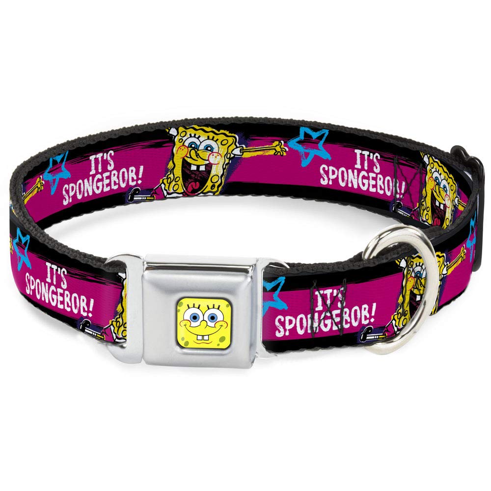 Spongebob Dog Collar with Seatbelt Buckle - Adjustable 9-15 Inches, 1.0 Inch Wide - Black, Pink, Blue & White Stripes for Small to Medium Dogs | Perfect for Car Rides, Walks & Pet Safety