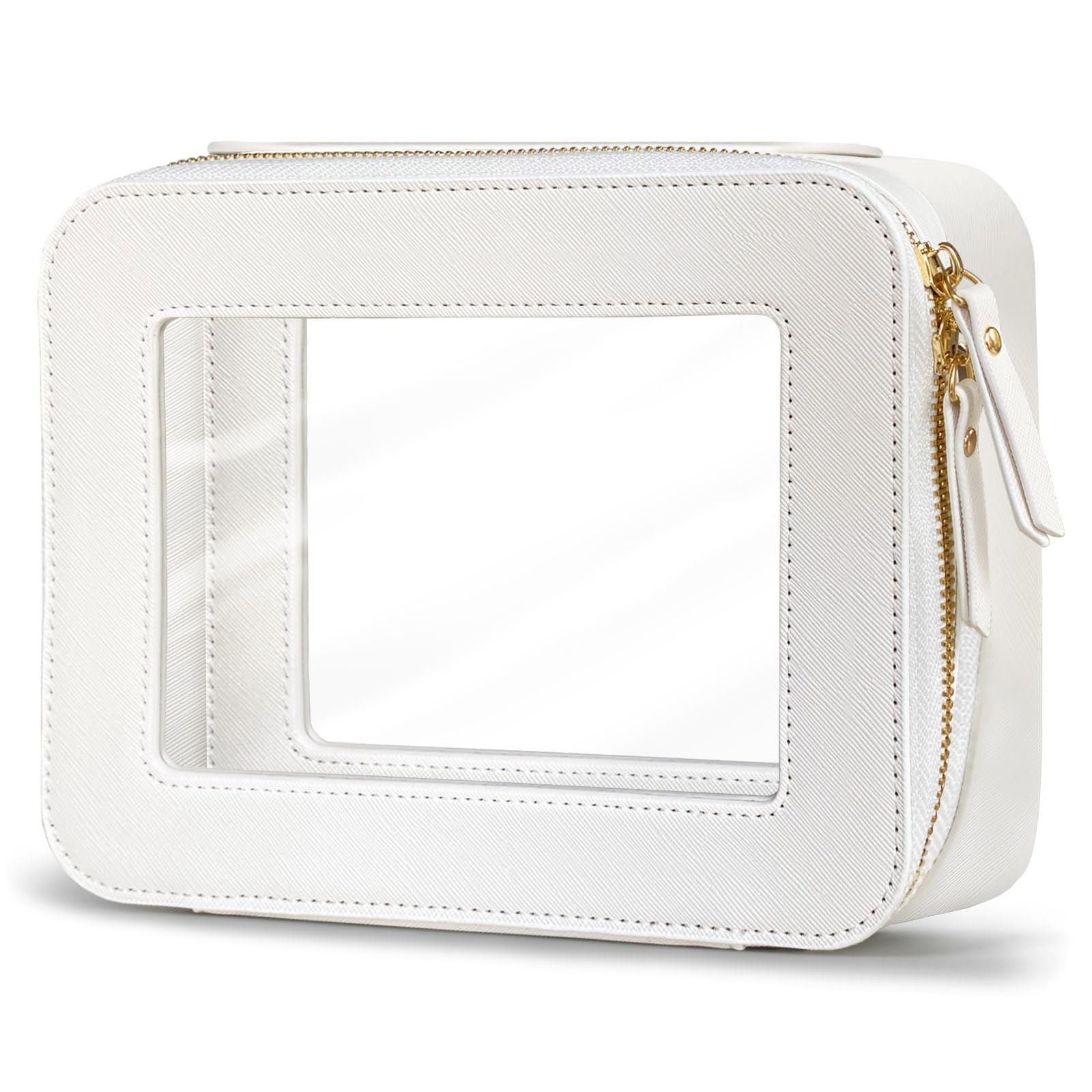 Clear Window Travel Makeup Bag for Women - Heavy Duty Zipper Cosmetic Organizer with Transparent Front, White Toiletry Bag for Travel Essentials | Perfect for Airplane Carry-on, Gym, Vacation & Daily Use