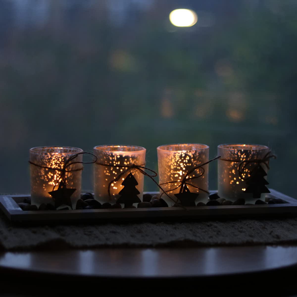 4-Piece Glass Candle Holder Set with Tray - Christmas Tealight Centerpiece for Dining Table & Living Room Decor