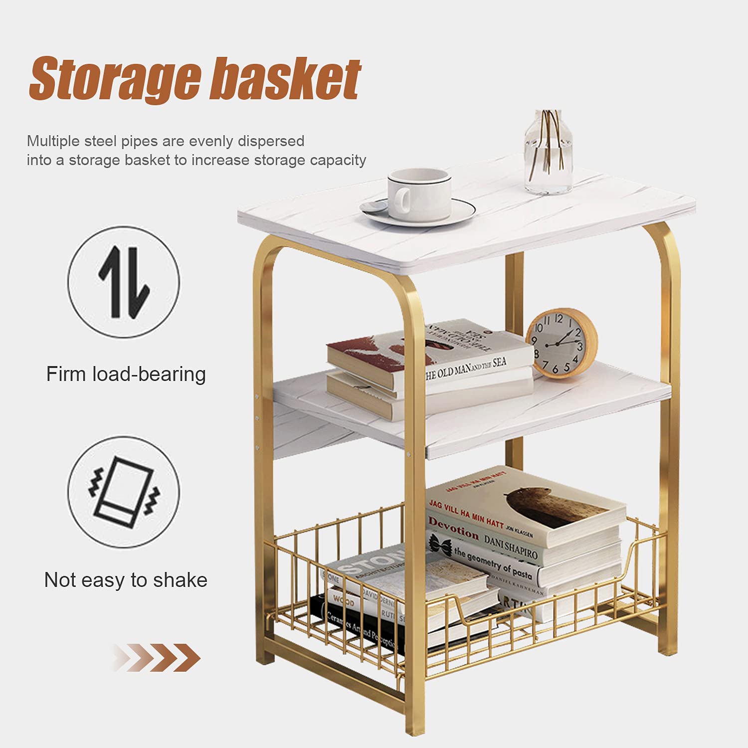 Rustic Metal 3-Tier Nightstand with Storage Shelf - Steel End Table for Bedroom, Living Room, Office - Easy Assembly Small Tea Table for Home Decor & Organization (A)