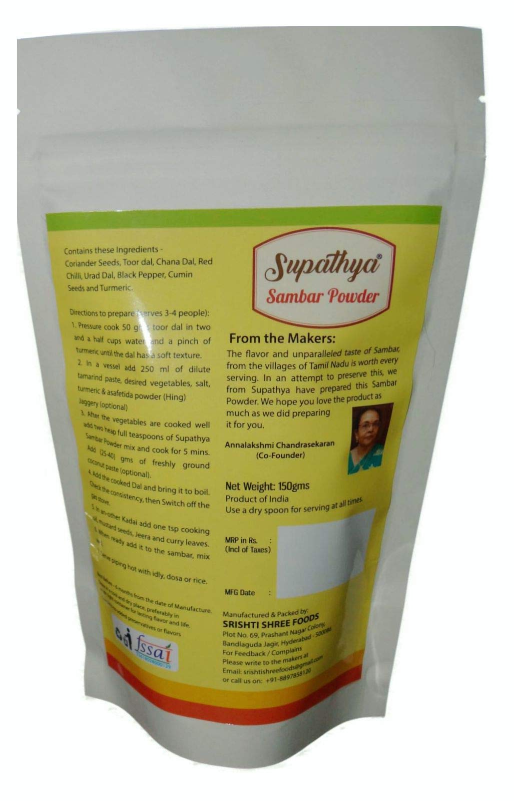 Supathya Sambar Powder Mix | Authentic South Indian Sambar Masala Podi | Homemade Madras Style Sambar Spice Blend - 150g | Perfect for Dal, Rice & Curry Dishes