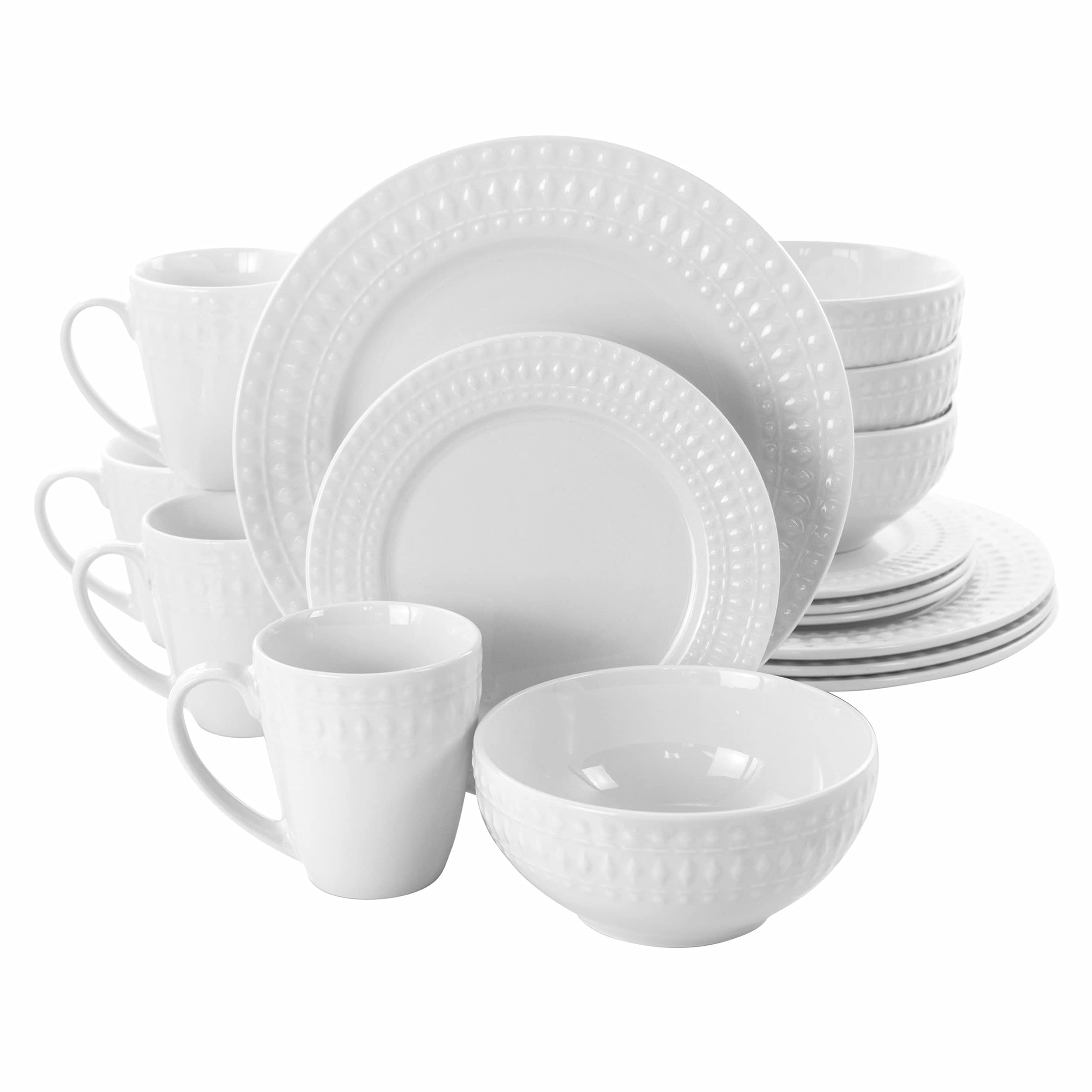 Elama 16-Piece Porcelain Dinnerware Set for 4, White Round Plates & Bowls - Elegant Table Setting for Family Dinners, Parties & Restaurant Use