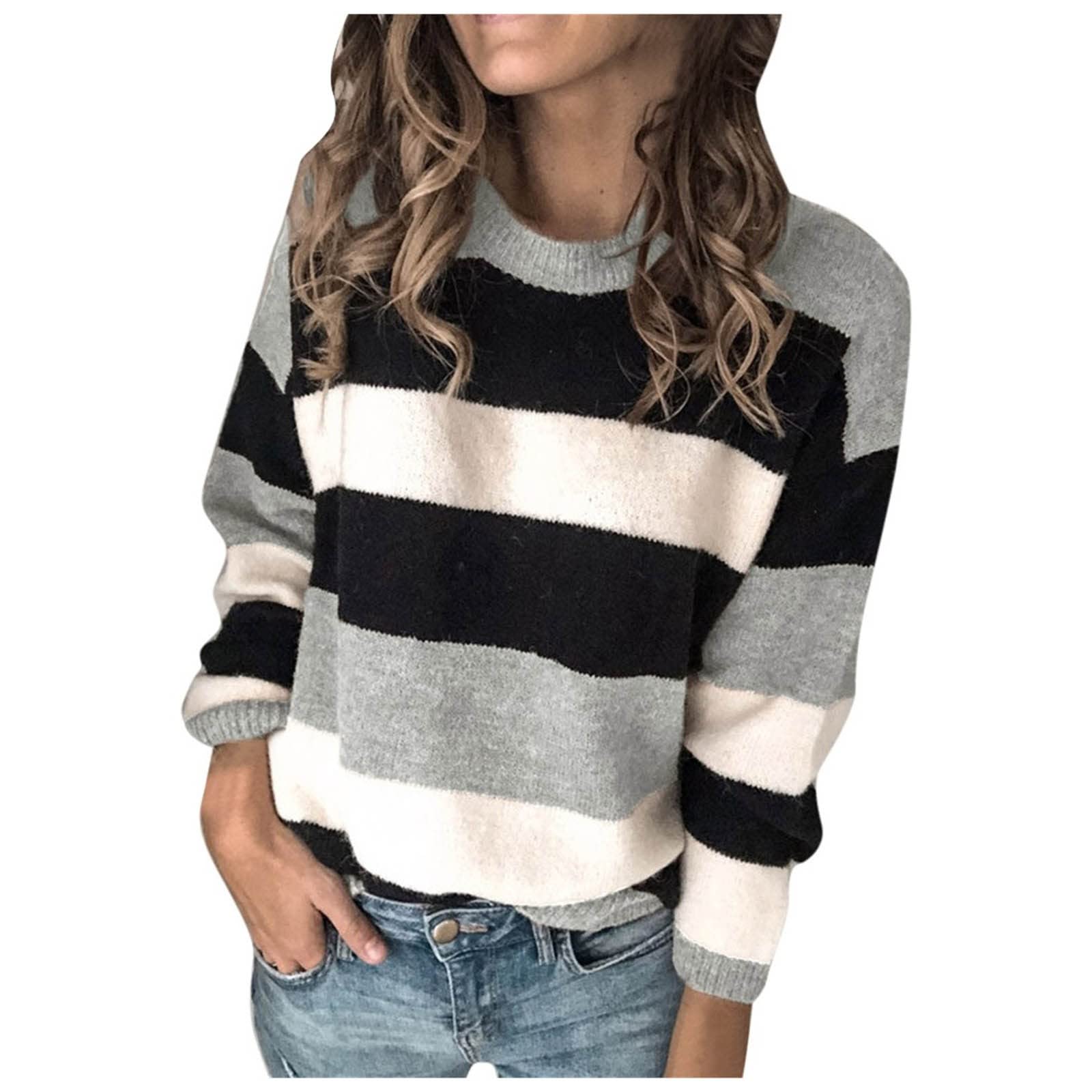 Women's Casual Long Sleeve Crewneck Sweater - Striped Color Block Patchwork Pullover Knit Top for Fall & Winter | Perfect for Office, Dating & Weekend Outfits