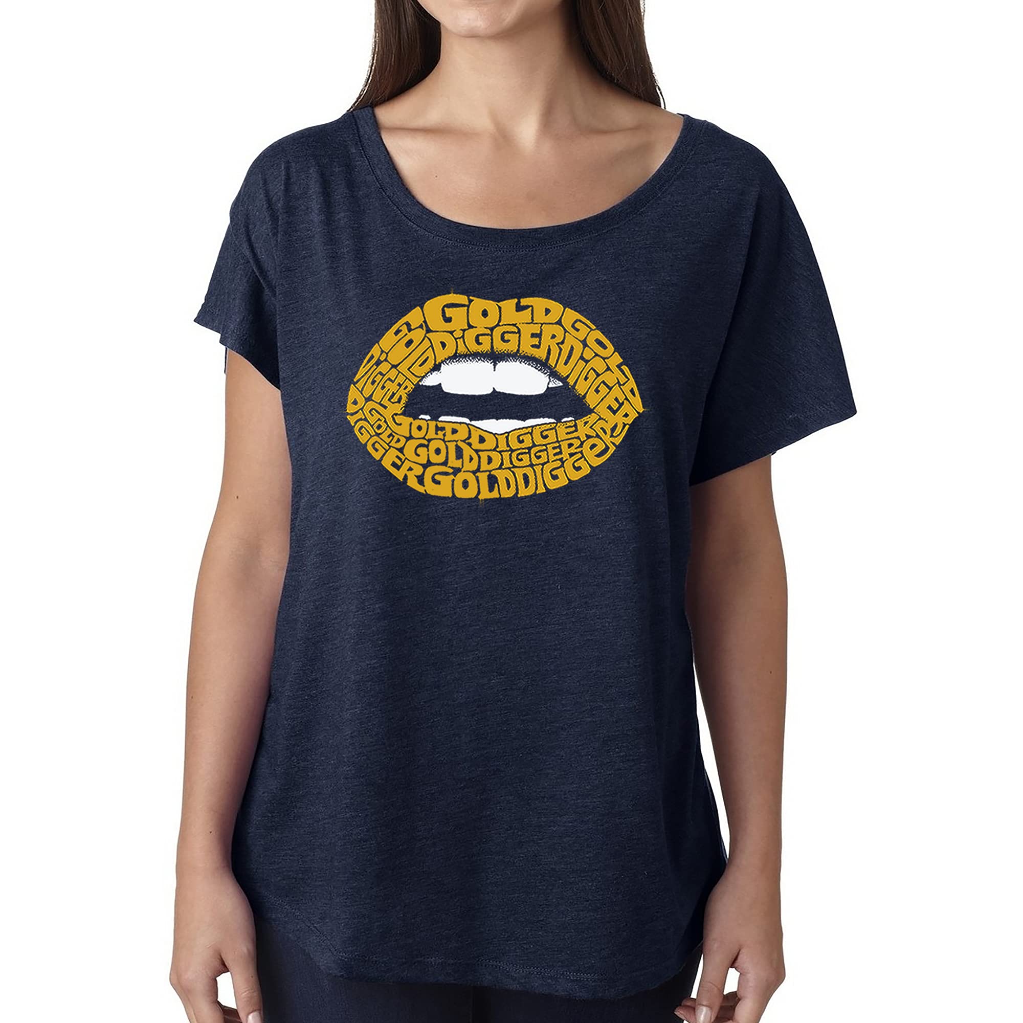 LA POP ART Women's Dolman Cut Word Art T-Shirt - Gold Digger Lips Graphic Tee | Trendy Casual Top for Streetwear & Everyday Outfits