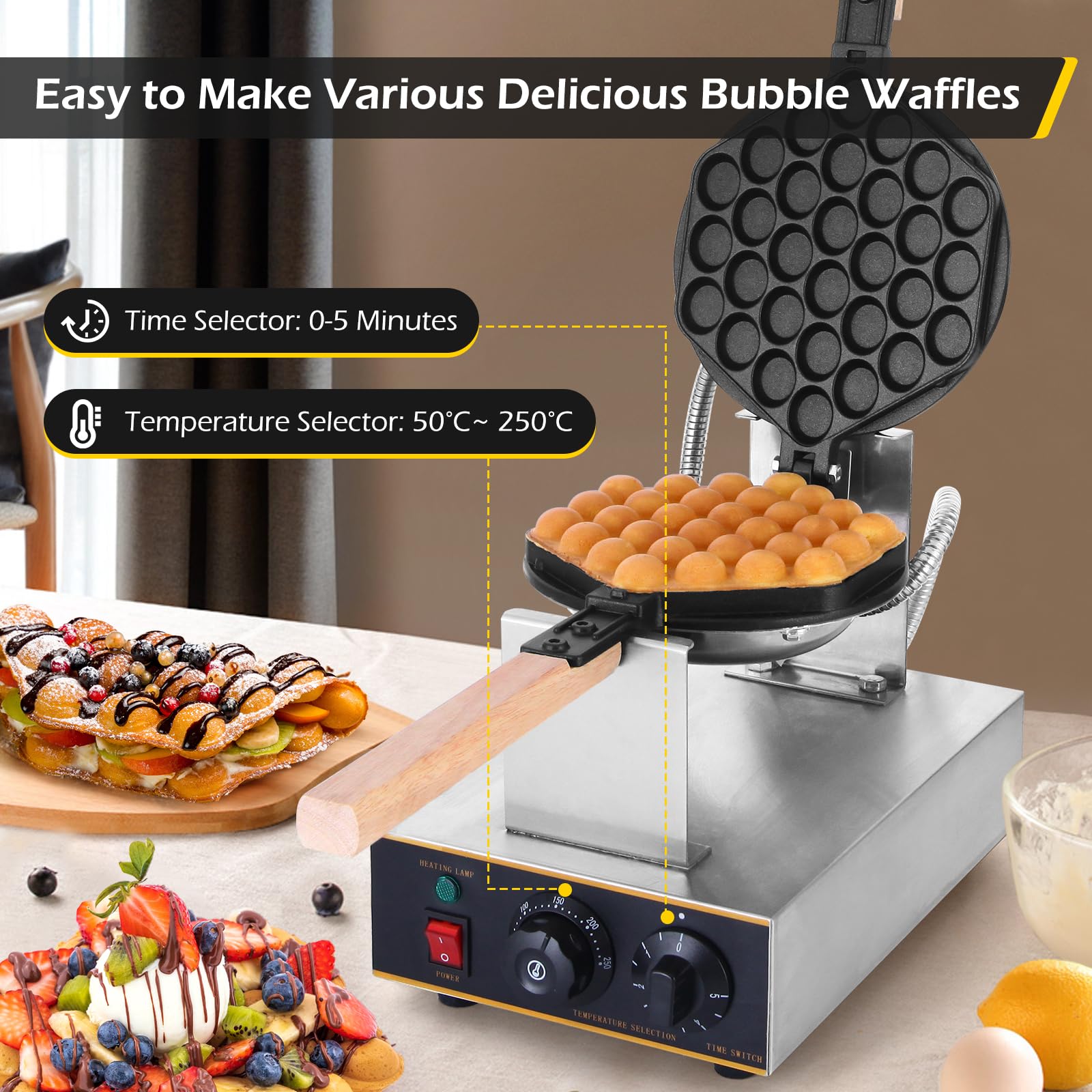 Dyna-Living 1400W Commercial Bubble Waffle Maker - Stainless Steel Electric Egg Puff Waffle Iron Machine with 180° Rotation & Non-Stick Coating - Perfect for Home, Cafes, and Street Food Businesses - Make Authentic Hong Kong Style Egg Waffles (Gai Daan Jai) for Breakfast, Desserts, or Snacks