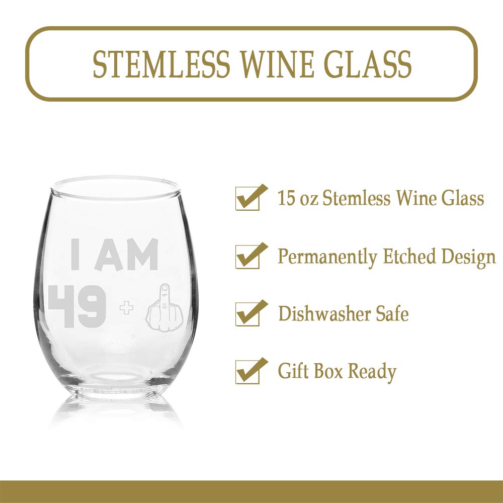 Veracco I am 49+1 Middle Finger Stemless Wine Glass - Funny 50th Birthday Gift for Men & Women - Fifty and Fabulous Novelty Glassware - Perfect for Birthday Parties, Gag Gifts & Wine Lovers (Clear Glass)