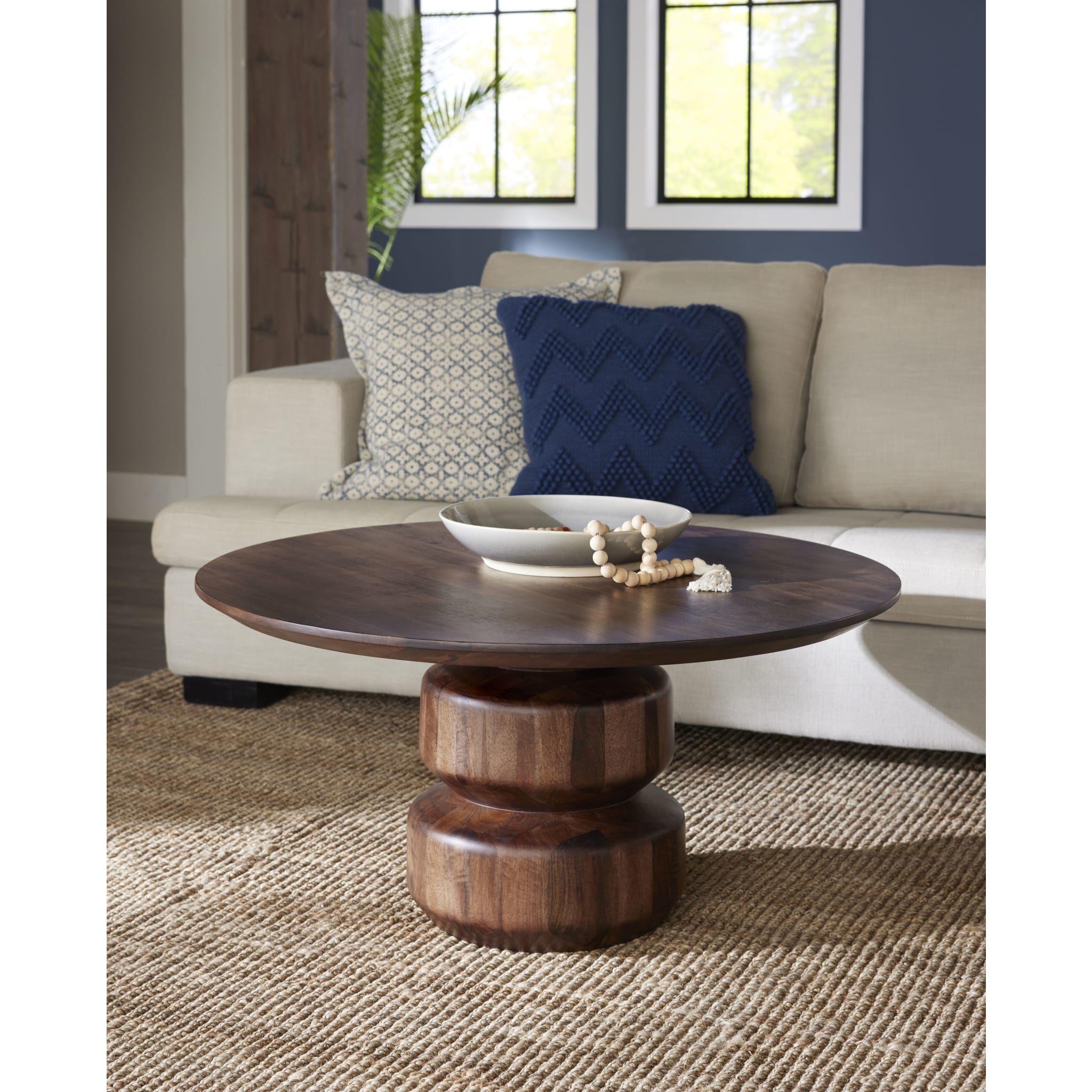 Virton Solid Wood Round Coffee Table in Smoked Brown - Modern Living Room Furniture for Small Spaces, Home Decor & Coffee Table Books Display
