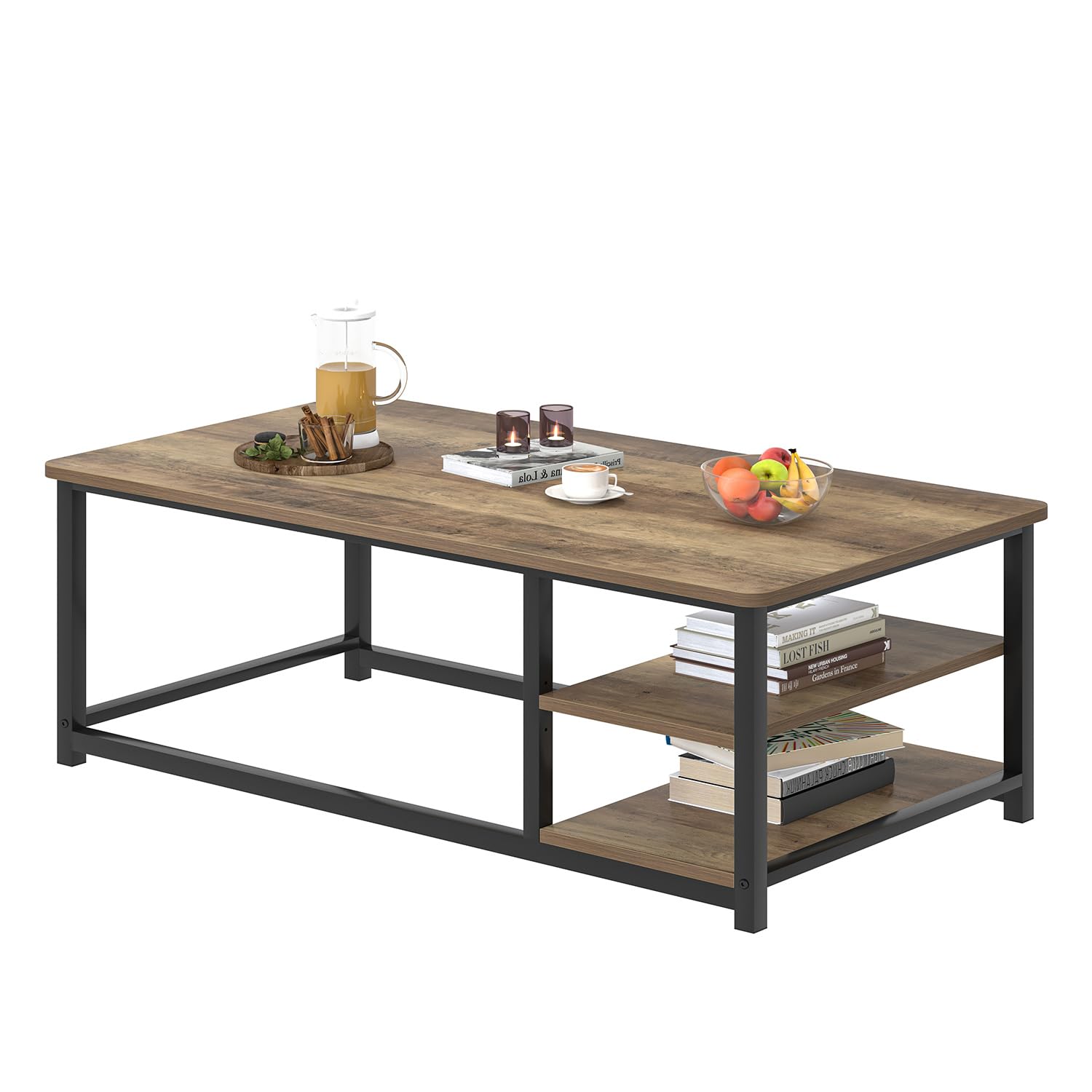 EXCEFUR 47 Inch Coffee Table with Storage Shelf - Modern Wood and Metal Center Table for Living Room, Rustic Oak Finish - Perfect for Small Spaces, Home Decor & Entertaining Guests