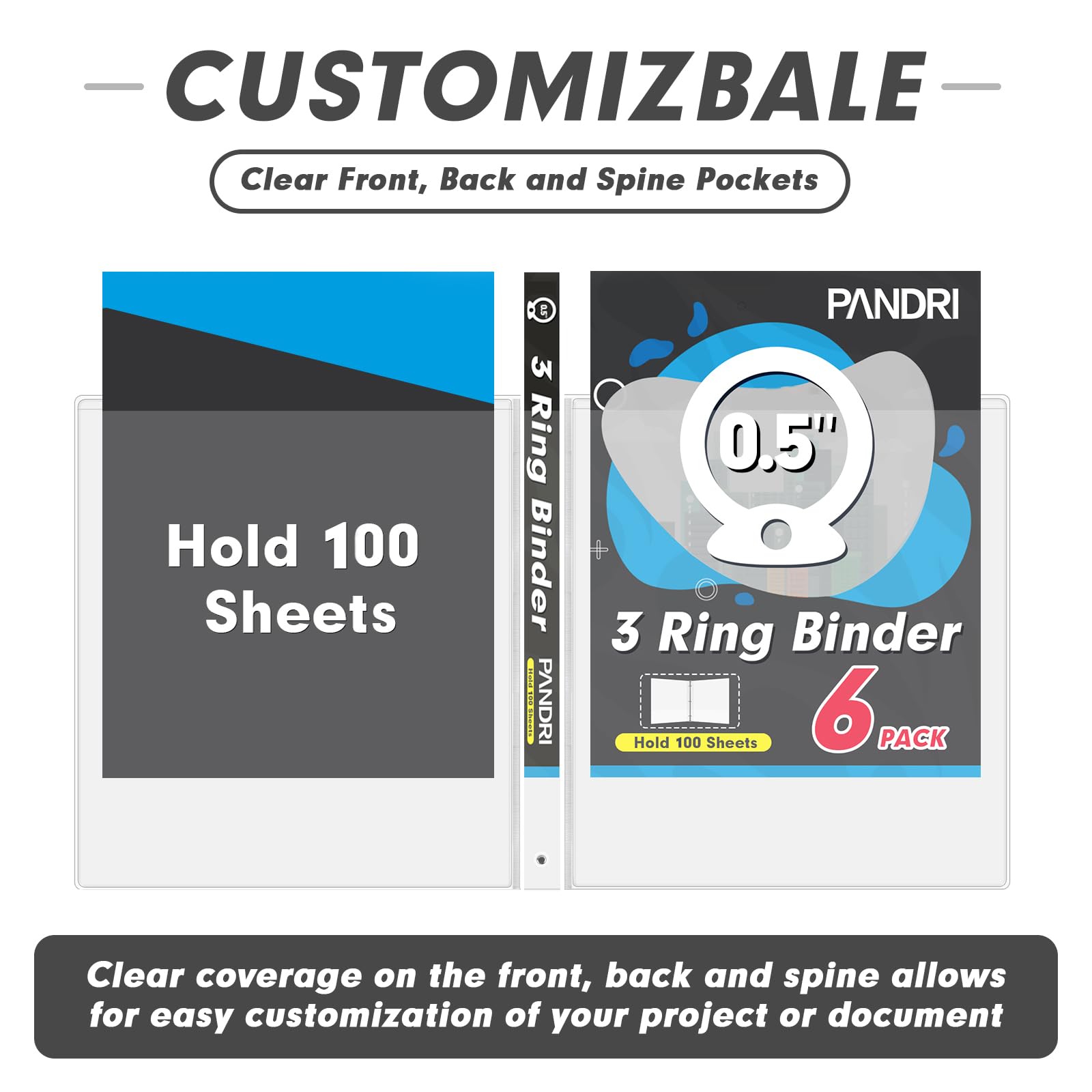 6 Pack 0.5 Inch 3 Ring Binder - Letter Size 8.5