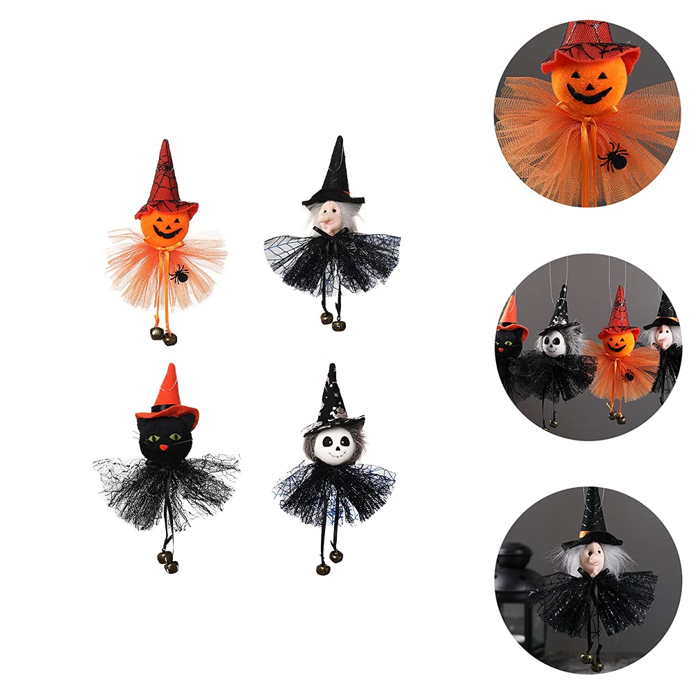 LUOZZY 4Pcs Halloween Pumpkin Doll with Bells - Spooky Witch Ghost Hanging Decorations for Halloween Party, Home, Yard & Porch Decor