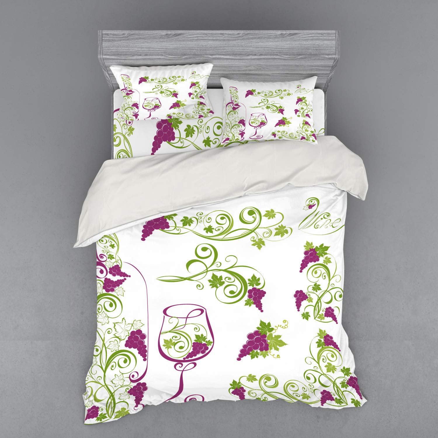 Ambesonne 4-Piece Queen Wine Themed Bedding Set - Purple, Lime Green & White Duvet Cover with Pillow Shams & Fitted Sheet | Grapevines, Wine Bottle & Glass Design | Perfect for Wine Lovers' Bedroom Decor, Gift Ideas & Vineyard Themed Rooms