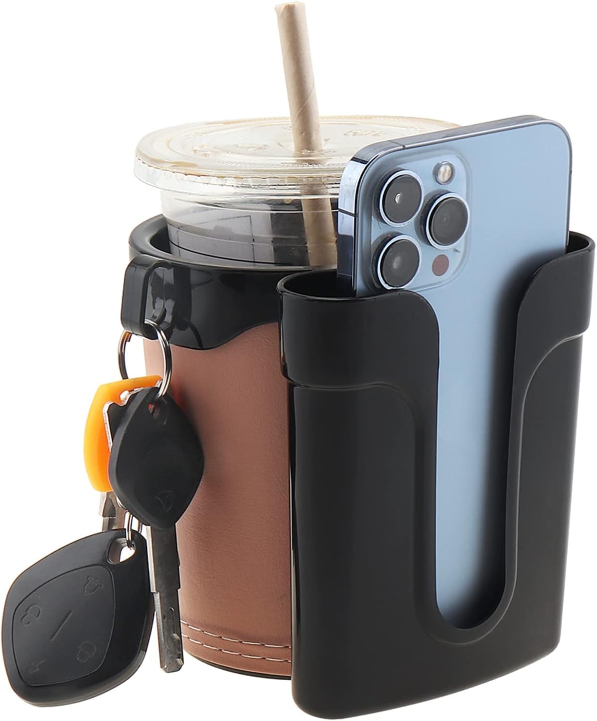 Leather Bike Cup Holder & Water Bottle Holder with Phone & Key Storage - Universal Handlebar Mount for Beach Cruiser, Commuter & Road Bikes (Beige) - Perfect for Cycling, Commuting & Outdoor Adventures