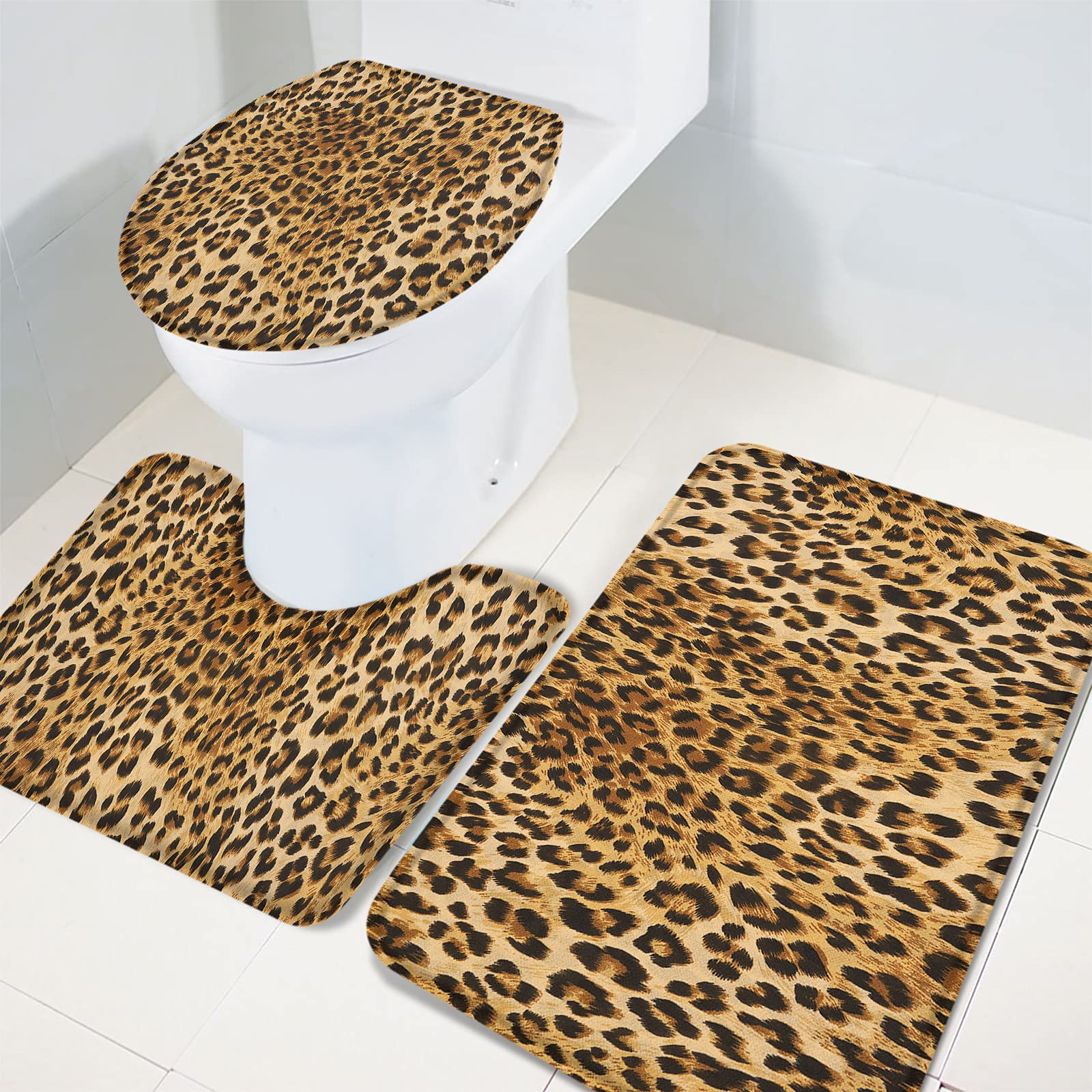 3-Piece Cheetah Print Bathroom Rug Set - Non-Slip Absorbent Shower Mats with Contour Mat & Toilet Cover | Soft Brown Leopard Bath Decor for Modern Bathrooms (Ideal for Bathroom Safety & Style)