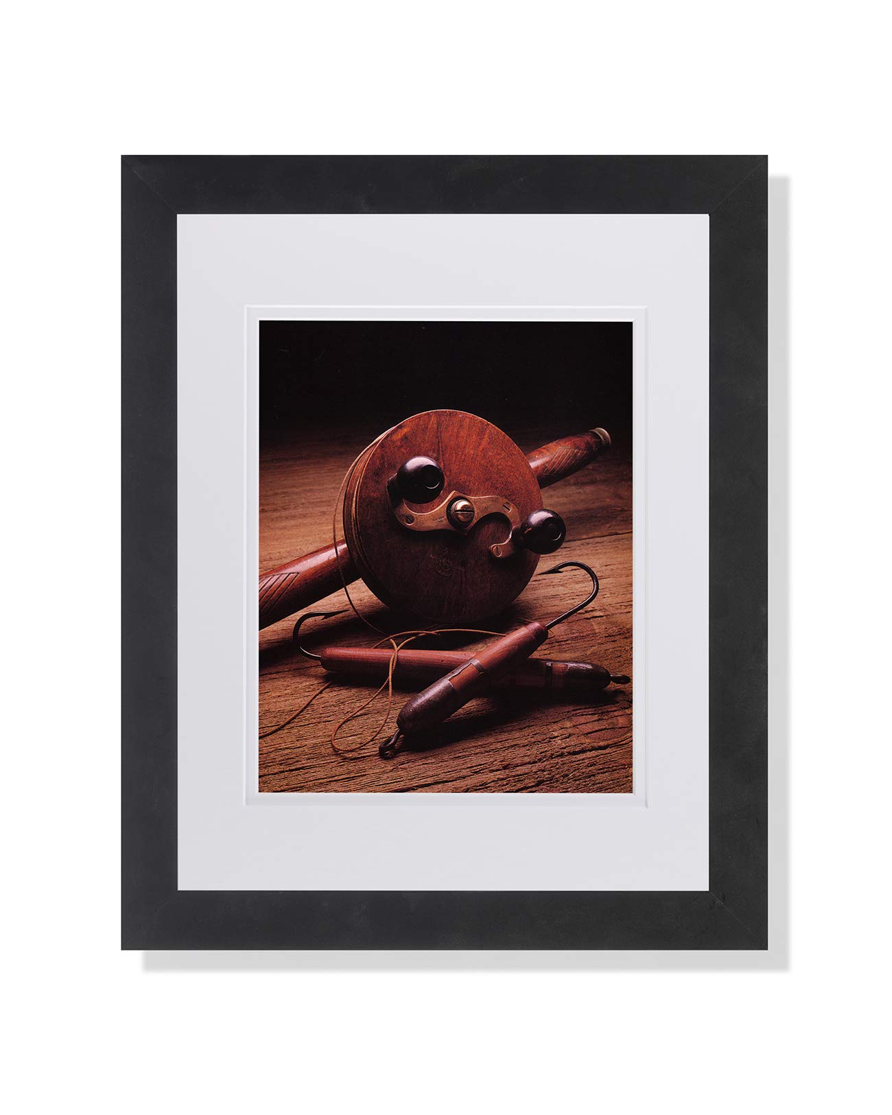 Vintage Wooden Fishing Hooks & Fly Reel Rod Memorabilia - Framed Wall Art Print with Mat for Home Decor | Perfect for Angler's Den, Cabin, or Man Cave Decoration