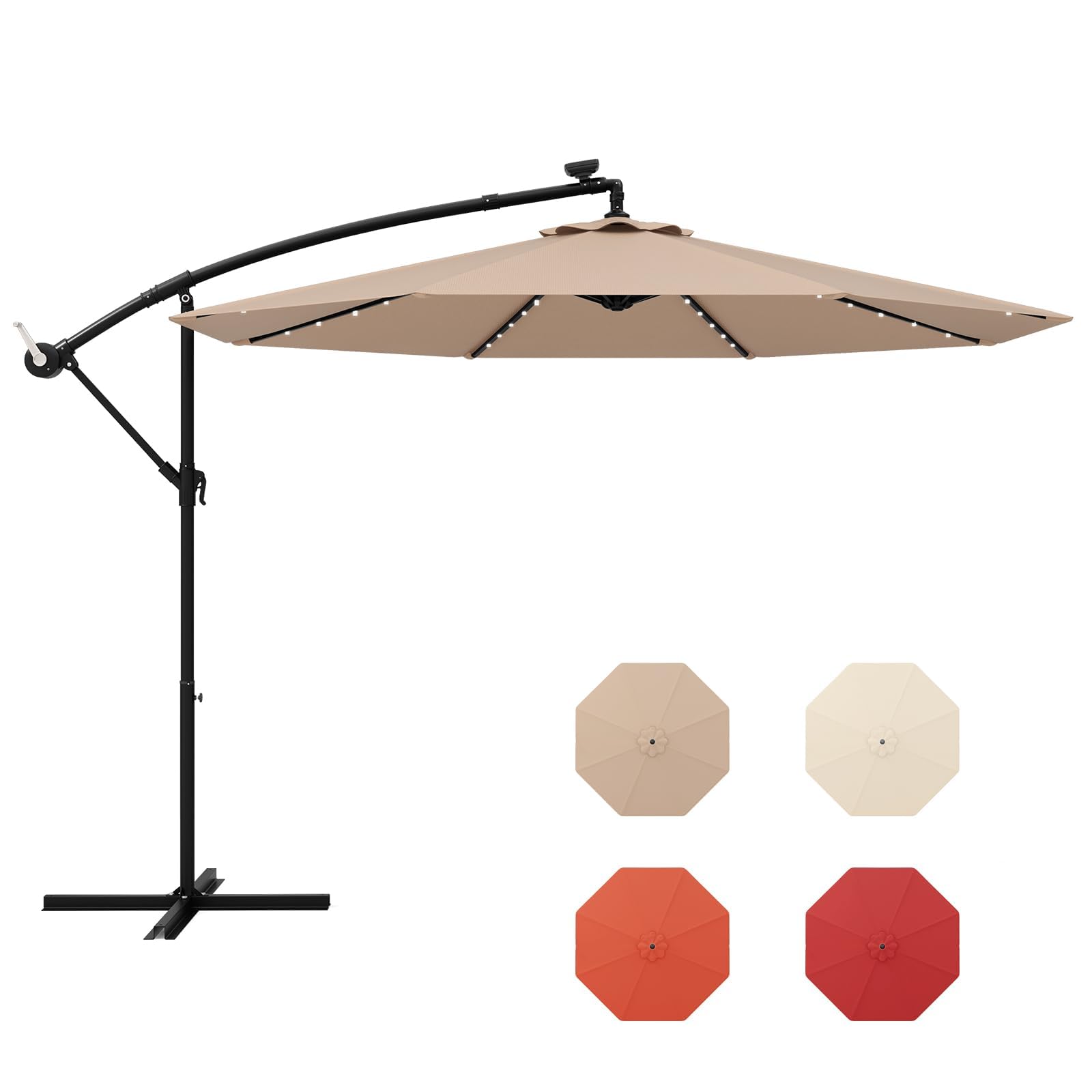 HAPPYGRILL 10 FT Outdoor Cantilever Umbrella with Solar Lights & Easy Tilt - 8 Ribs & Cross Base - Perfect for Patio, Deck, Poolside, Lawn, and Garden Relaxation