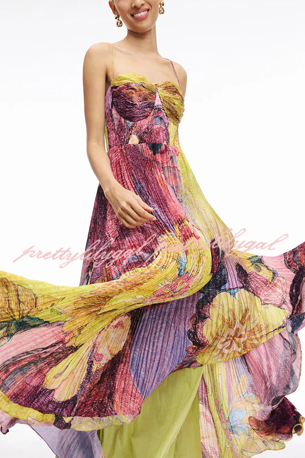 Elegant Floral Print Sweetheart Neck Pleated Maxi Dress for Women | Summer Beach Wedding Party Cocktail Dress