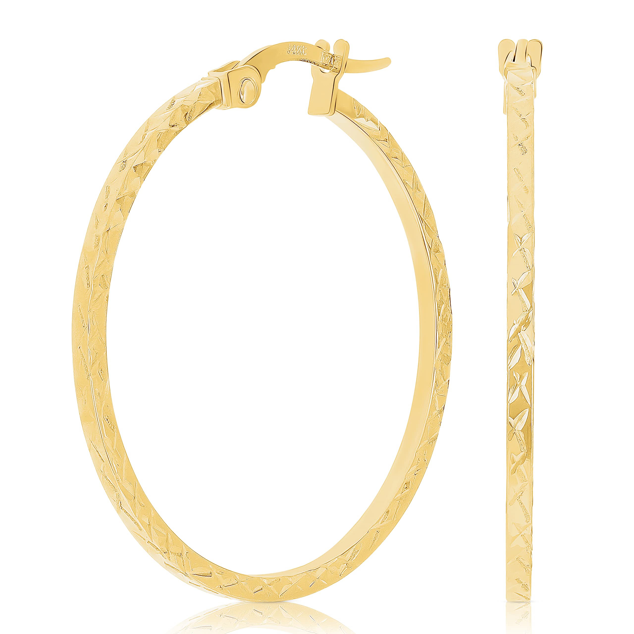 14K Yellow Gold Diamond-Cut Round Hoop Earrings 1.2