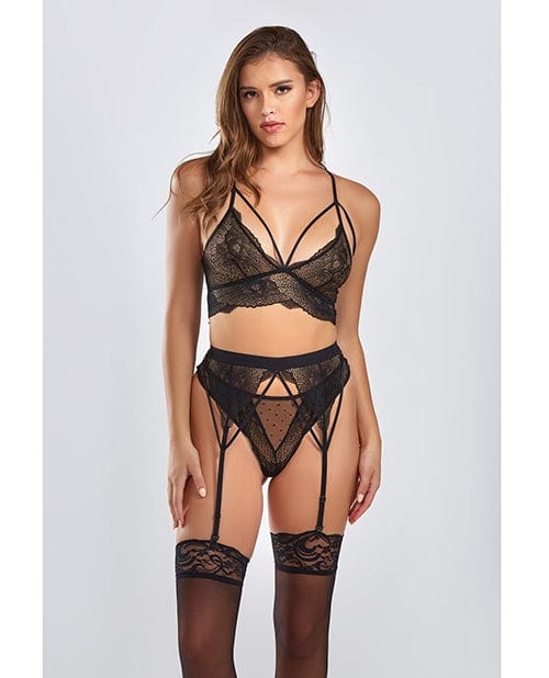 Everly Dot Mesh & Galloon Lace Strappy Bra Set with Garterbelt & Hipster Panty - Black 1X - Sexy Lingerie for Date Night & Special Occasions