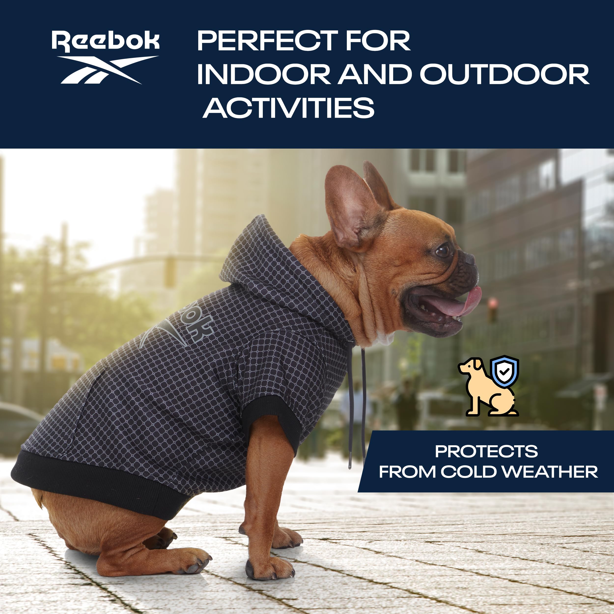 Reebok Fleece Dog Hoodie with Leash Hole - Warm Winter Dog Sweater for Small, Medium & Large Dogs | Cozy Pullover Hooded Sweatshirt for Fall & Christmas Outfits | Perfect for Cold Weather Walks & Holiday Photos