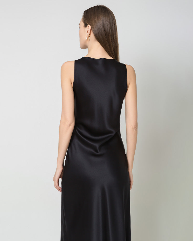 Elegant Silk Round Neck Cinched Waist Long Dress for Women - Perfect for Evening Parties, Weddings & Special Occasions