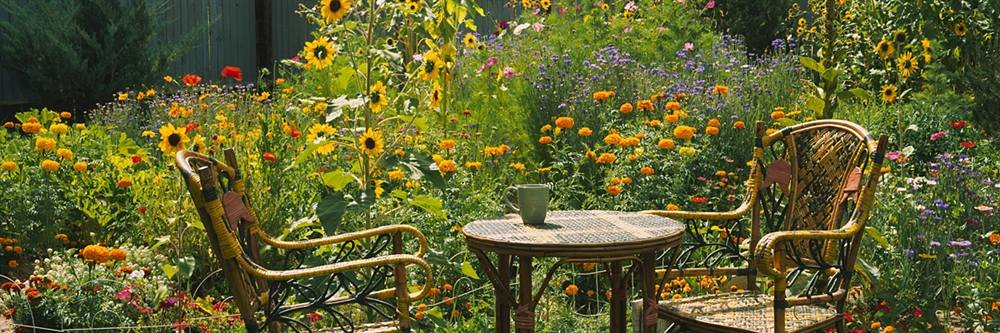 Peel & Stick Wall Mural - Empty Chairs and Table in Garden Taos (60x20 inches) - Self-Adhesive Removable Wallpaper for Living Room, Bedroom, Office Decor