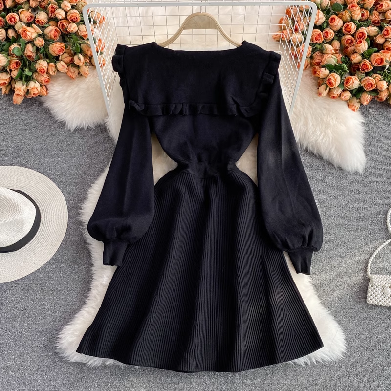 Elegant French Style Sweet Long Sleeve Knitted Dress for Women - Perfect for Fall/Winter Dates, Office Wear & Holiday Parties