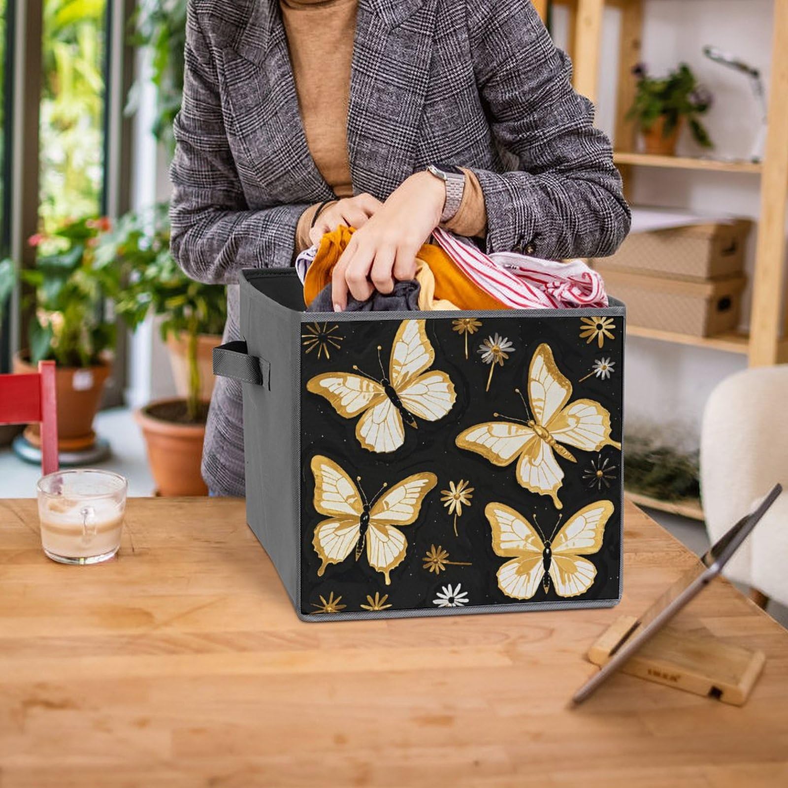 6-Piece Collapsible Storage Bins with Handles - Gold White Butterfly & Black Print Fabric Organizer Boxes for Shelves, Closet, Bathroom | Space-Saving Foldable Storage Baskets for Home Organization