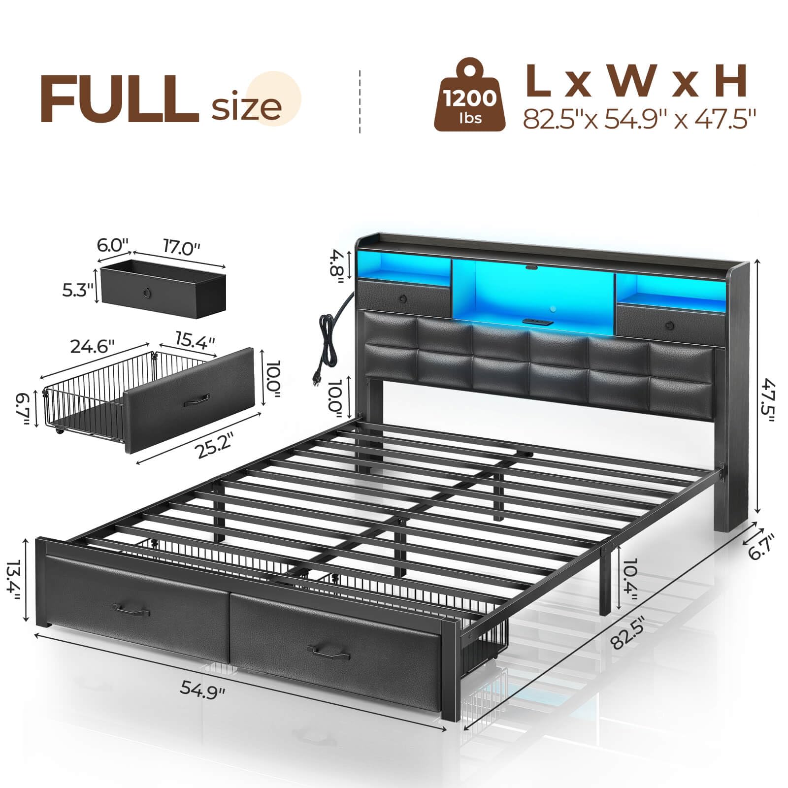 Rolanstar Full Size Upholstered Platform Bed Frame with Storage Drawers, USB Charging Station & LED Headboard - Heavy Duty Metal Frame, No Box Spring Needed, Noise Free, Black - Perfect for Small Bedrooms, Guest Rooms & Modern Apartments
