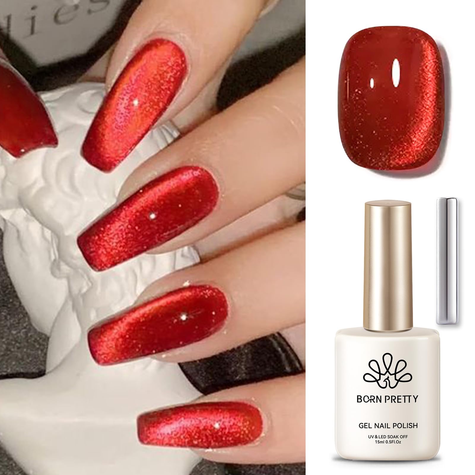 Born Pretty Magnetic Cat Eye Gel Nail Polish - Ruby Red Holographic Glitter Shiny Sparkle Crystal Nail Lacquer for Salon & DIY Home Manicure (15mL) | Perfect for Parties, Weddings & Special Occasions