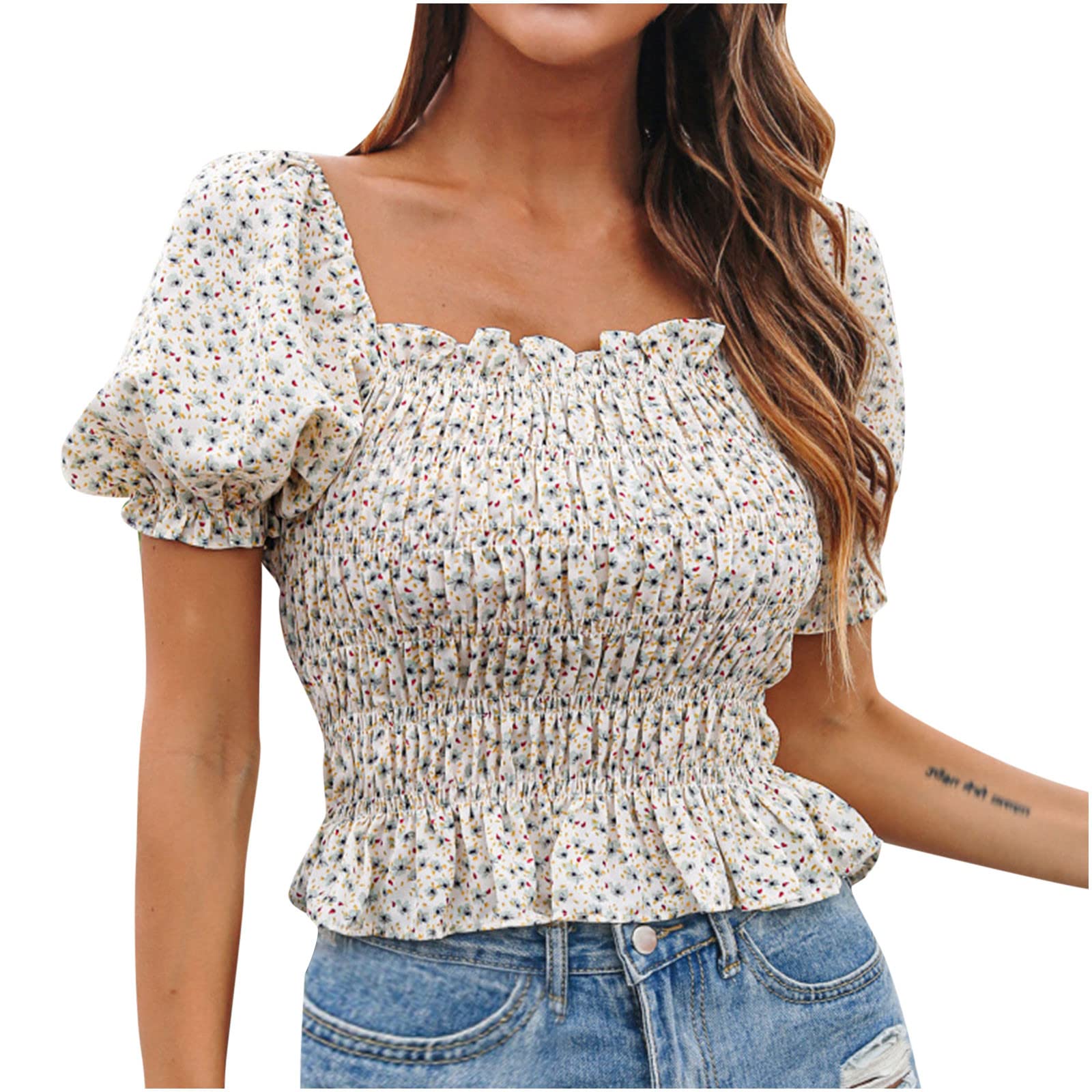 TUNUSKAT Women's Cute Summer Boho Floral Tops - Smocked Wrap Puff Sleeve Crop Top with Square Neck & Chiffon Fabric | Perfect for Beach Vacation, Date Night & Casual Outfits