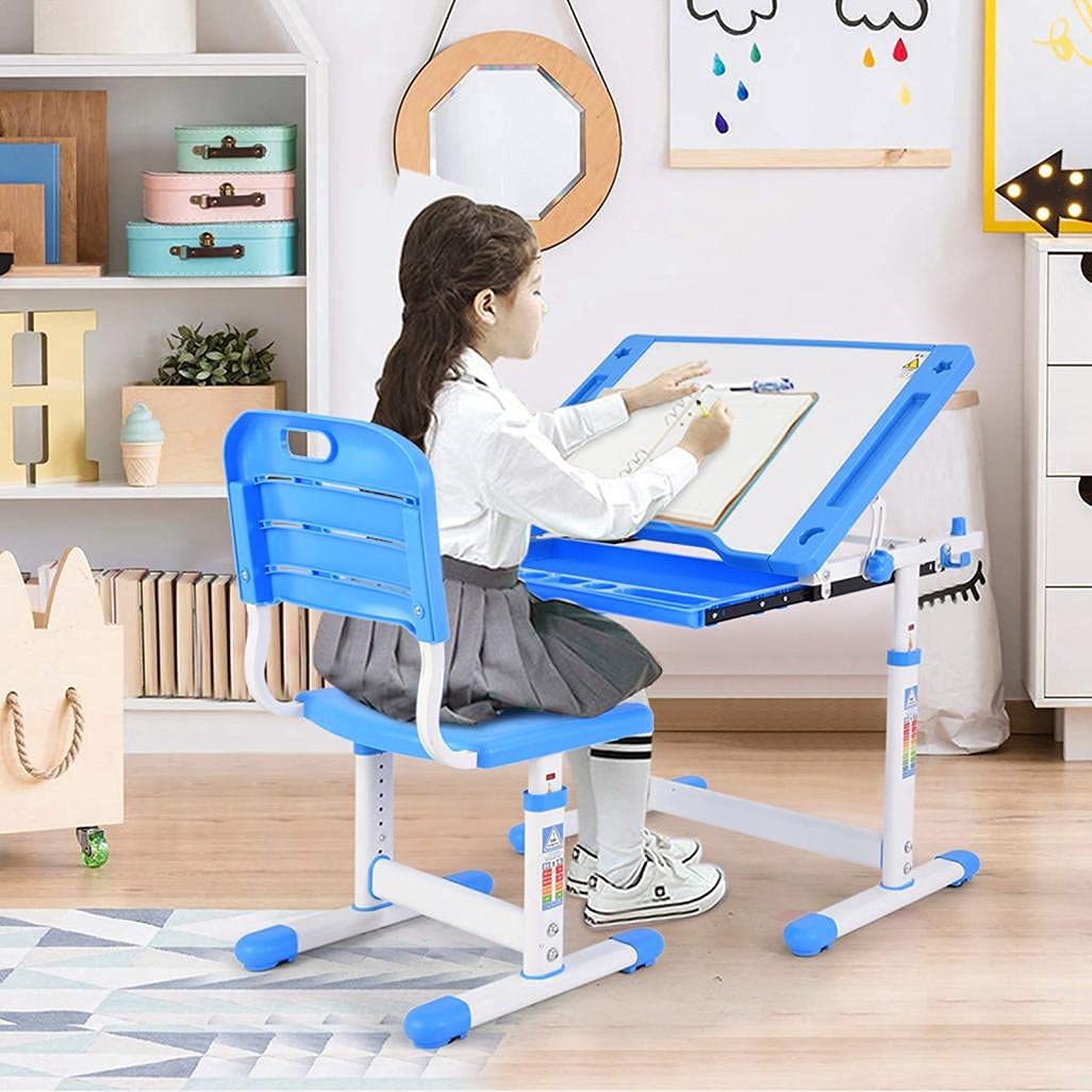 Adjustable Height Kids Desk and Chair Set with Tilting Desktop, Storage Drawer & Pencil Case - Ergonomic Study Workstation for Boys & Girls - Perfect for Homeschooling, Online Learning & Homework