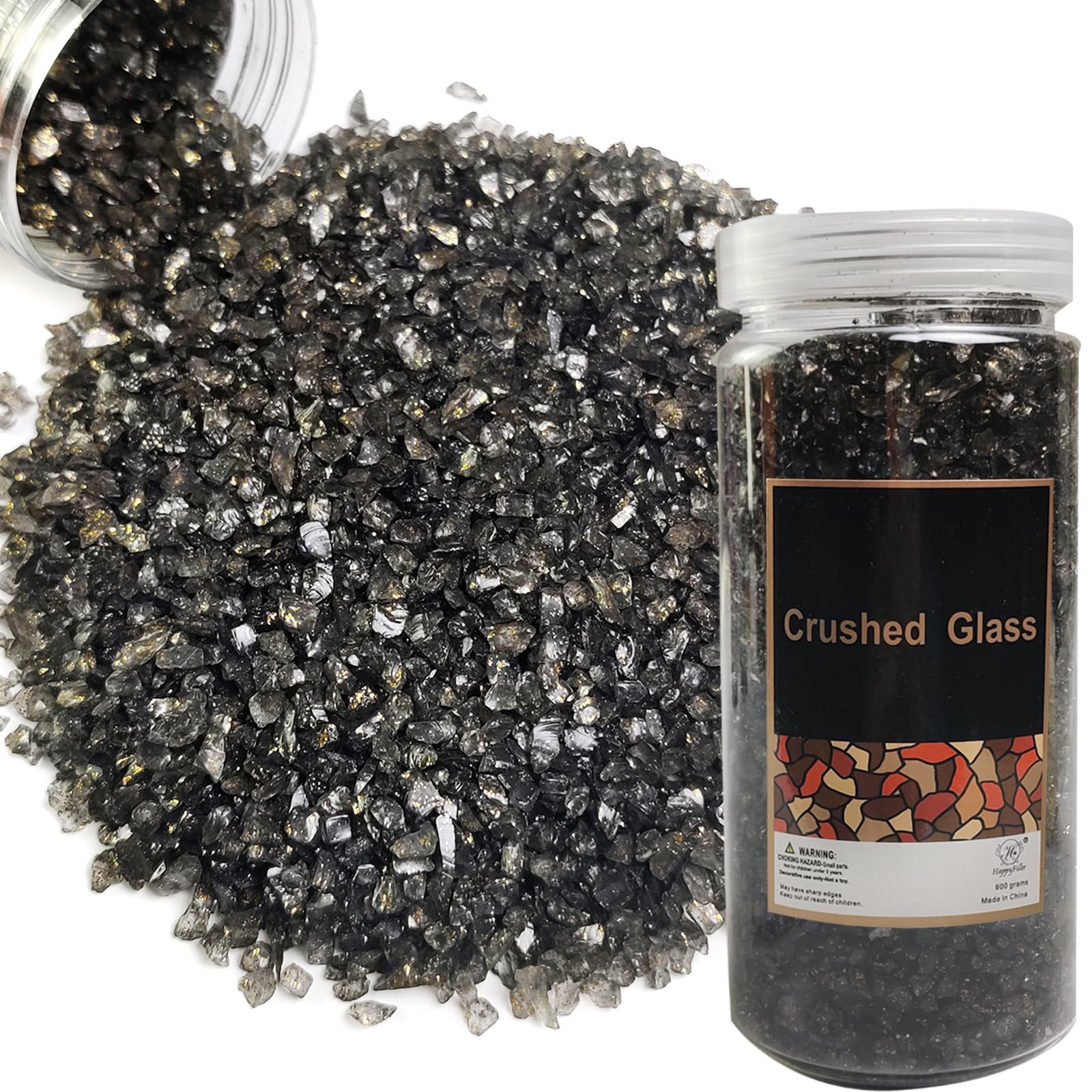 HappyFiller 1.3 LB Crushed Glass Sand - Black Broken Glass Pieces for Resin Art, Nail Art, Terrarium & Succulent Soil Cover, Candle Holder & Vase Filler, DIY Crafts, Home Decor - Perfect for Creative Projects & Decorative Displays