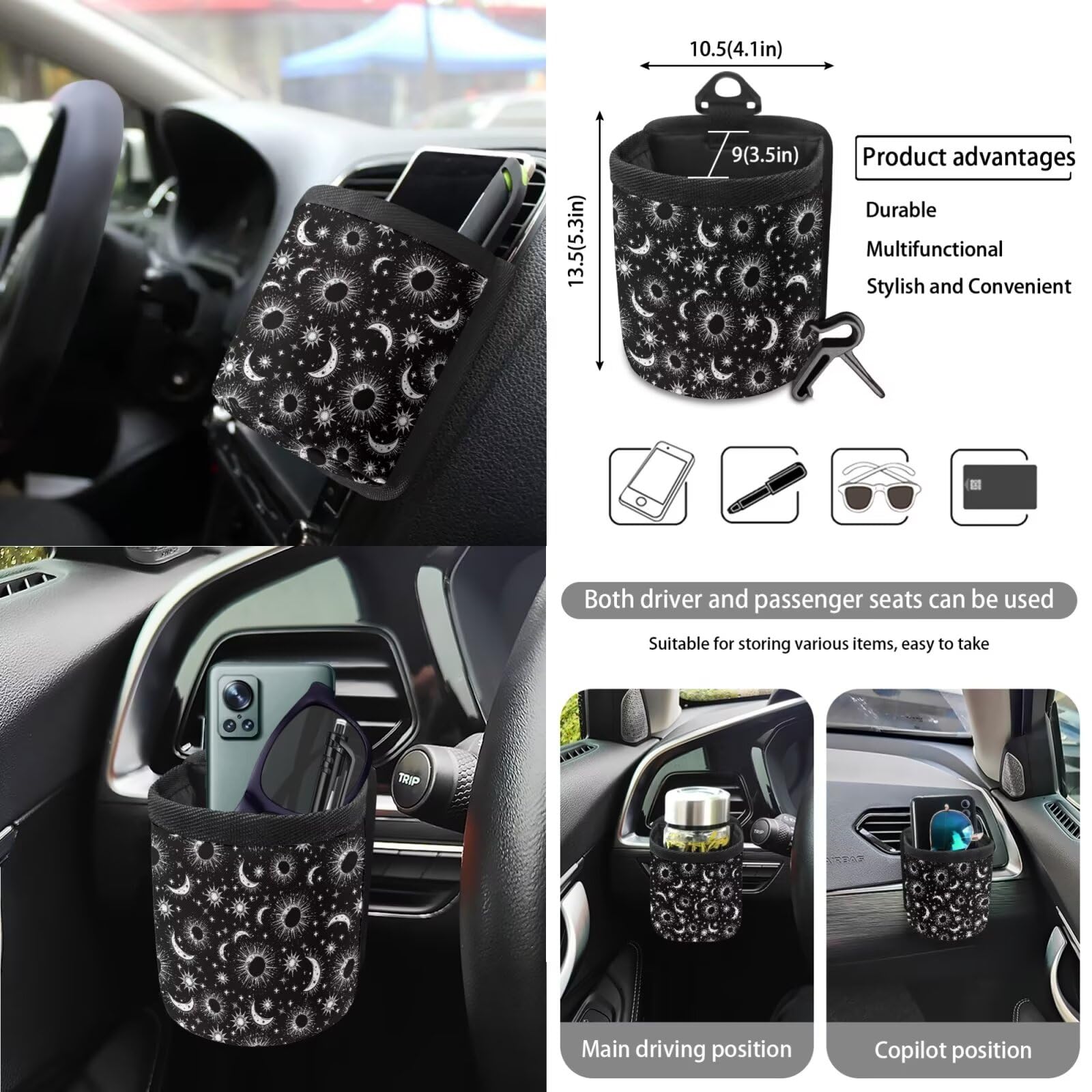 15-Piece Sun Moon Star Print Car Seat Cover Set with Steering Wheel Cover, Seat Belt Pads, Cup Coasters & More - Universal Fit for Cars, SUVs & Trucks - Stylish Auto Interior Decor for Daily Commute & Road Trips