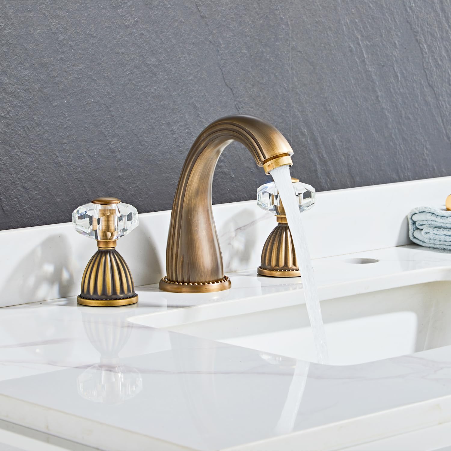 3 Hole Widespread Deck Mount Bathroom Sink Faucet with Crystal Handle - Antique Bronze Brass Mixer Tap for Vanity & Powder Room | Perfect for Modern & Traditional Bathroom Designs