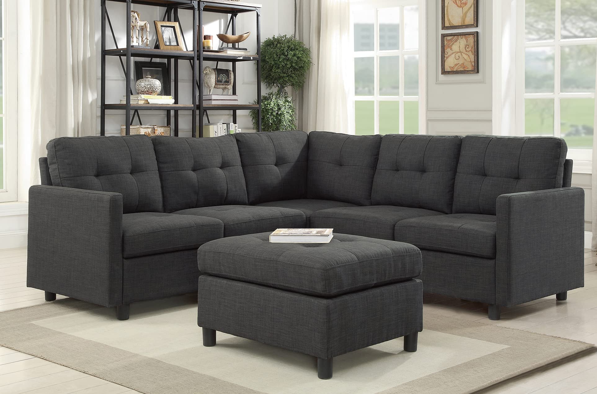 Sunflower Fabric Ottoman Footrest Stool - Dark Grey Modular Living Room Furniture for Sectional Sofa Sets | Perfect for Lounging, Extra Seating & Home Decor