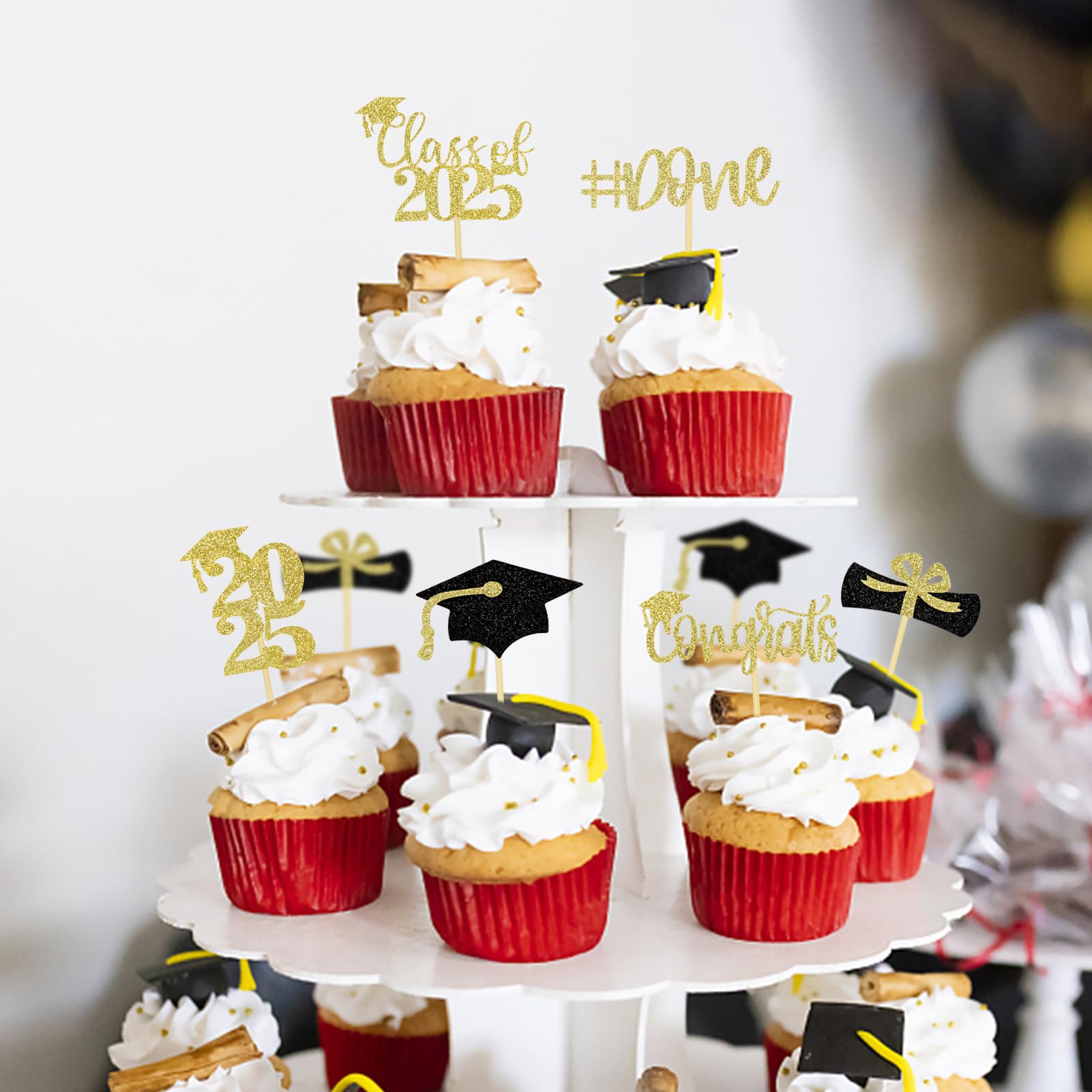 24Pcs Gold Glitter Graduation Cupcake Toppers for Class of 2025 - Party Decorations & Graduation Supplies - Perfect for Graduation Ceremony, Party Favors, and Dessert Table Decor