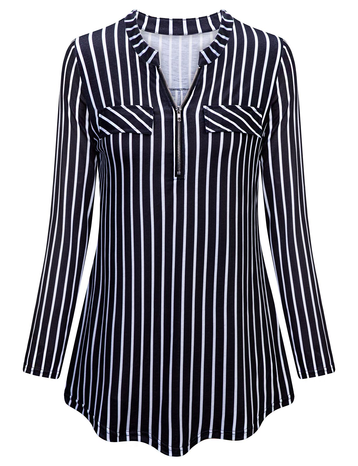 Women's Casual Long Sleeve Plaid Tunic Blouse with Zipper V-Neck - Stylish Fall & Winter Layering Top for Work, Office & Everyday Wear