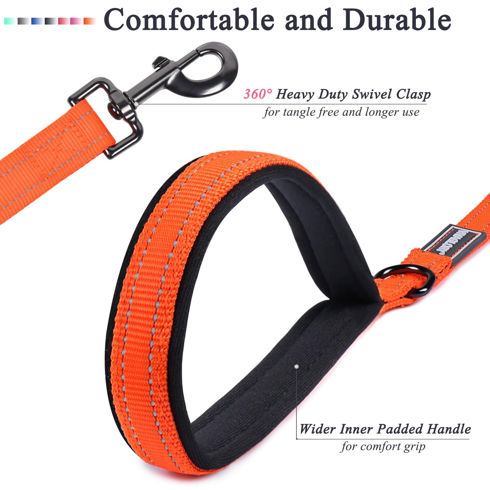 VIVAGLORY Heavy Duty Reflective Dog Leash with Dual Padded Handles - Strong Metal Hook Training Lead for Large Dogs (Orange) - Perfect for Walking, Running & Nighttime Safety