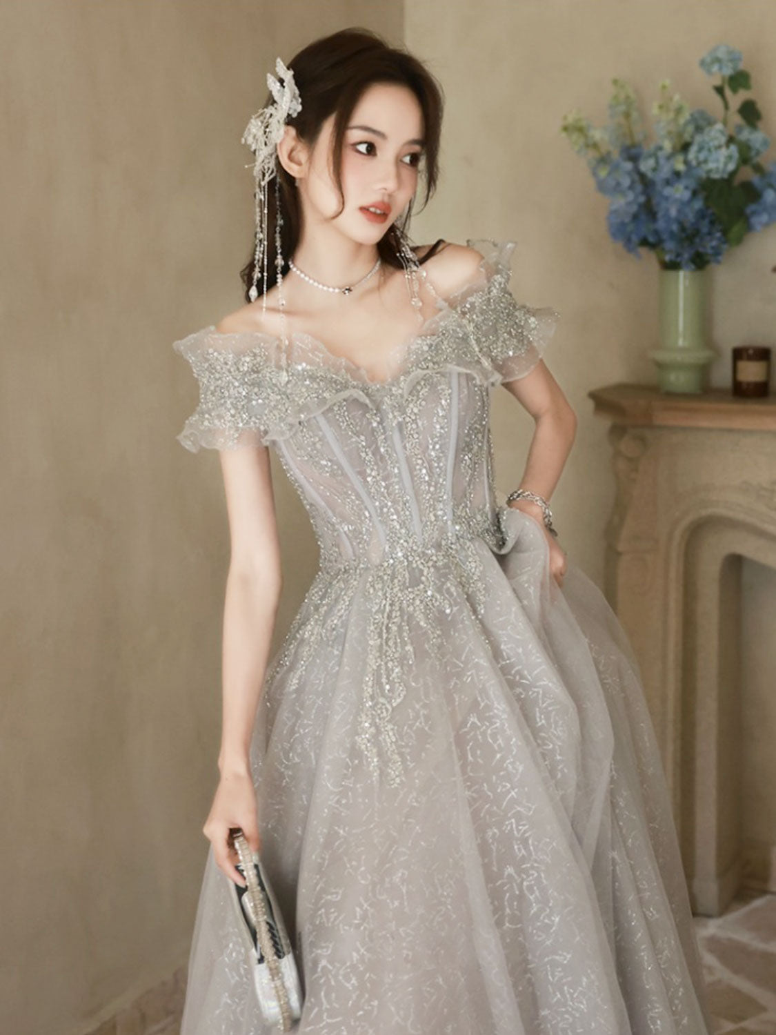 Elegant A-Line Off Shoulder Tulle Sequin Gray Long Prom Dress - Formal Evening Gown for Homecoming, Quinceañera & Special Occasions
