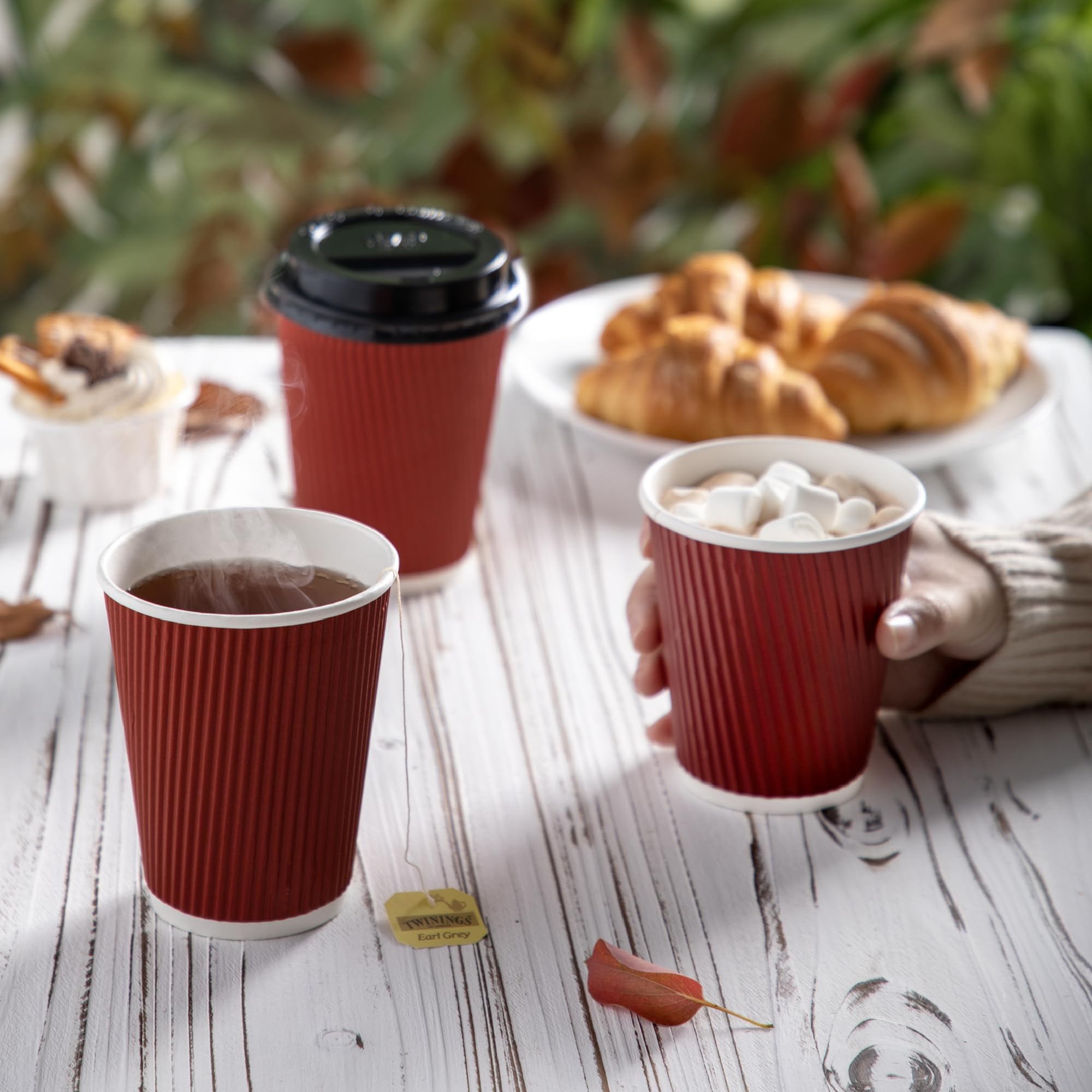 50 Pack 12oz Red Disposable Coffee Cups - Triple Wall Insulated Hot Drink Cups for Coffee, Hot Chocolate & Tea | Corrugated Paper Travel Mugs for Home, Office, Cafes & Takeout | Leak-Proof Design (Lids Not Included)
