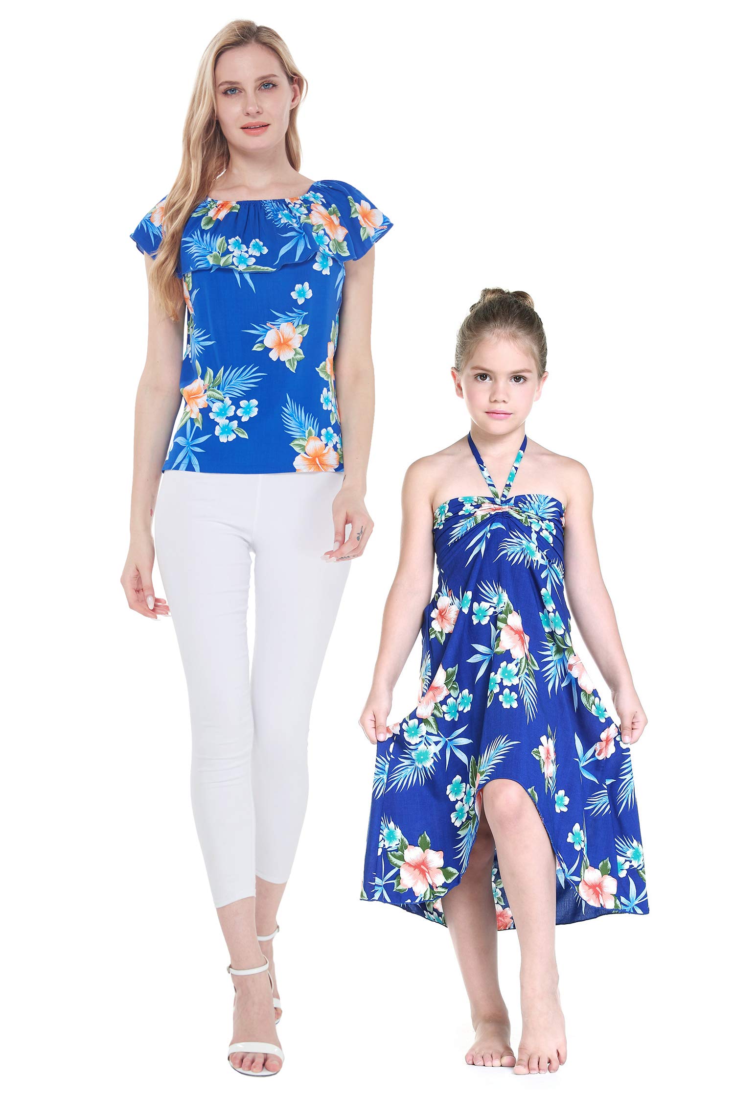 Hawaiian Luau Matching Mother Daughter Off-Shoulder Halter Dress - Floral Hibiscus Blue - Perfect for Beach Vacation, Family Photos & Summer Parties