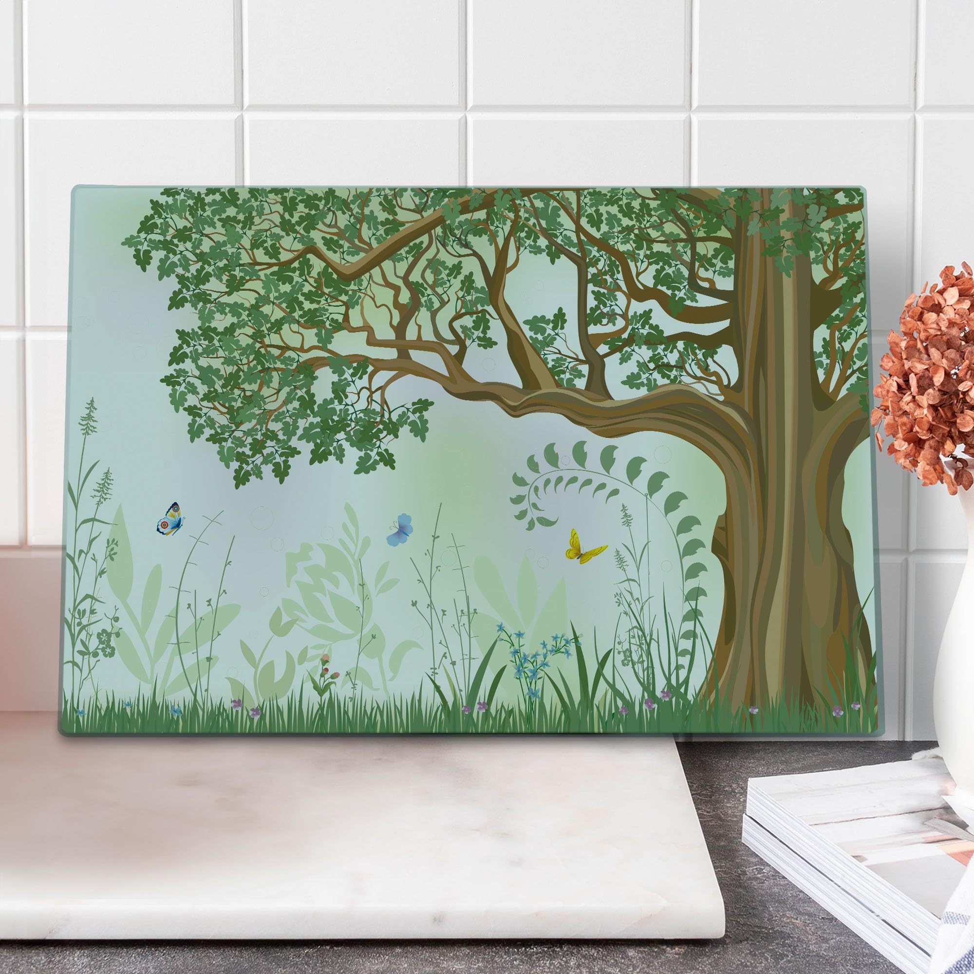 Ambesonne Nature Themed Cutting Board - Spring Summer Tree Grass Butterfly Oil Painting Design - Decorative Tempered Glass Serving Board - Large Size (Green, Brown, White) - Perfect for Kitchen Decor, Cheese Platter & Wall Art Display